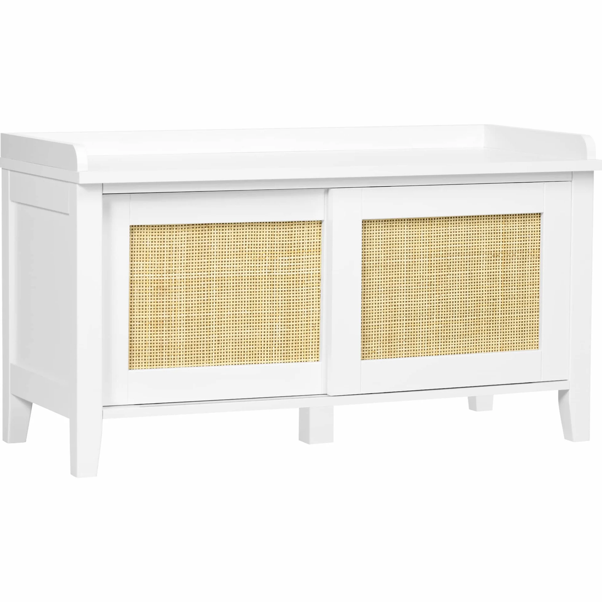 HOMCOM Banco Zapatero con Asiento Mueble Zapatero con Banco 2 Puertas de Ratán Estilo Bohemio Carga 130 kg para Pasillo Entrada 80x35x45 cm Blanco y Natural