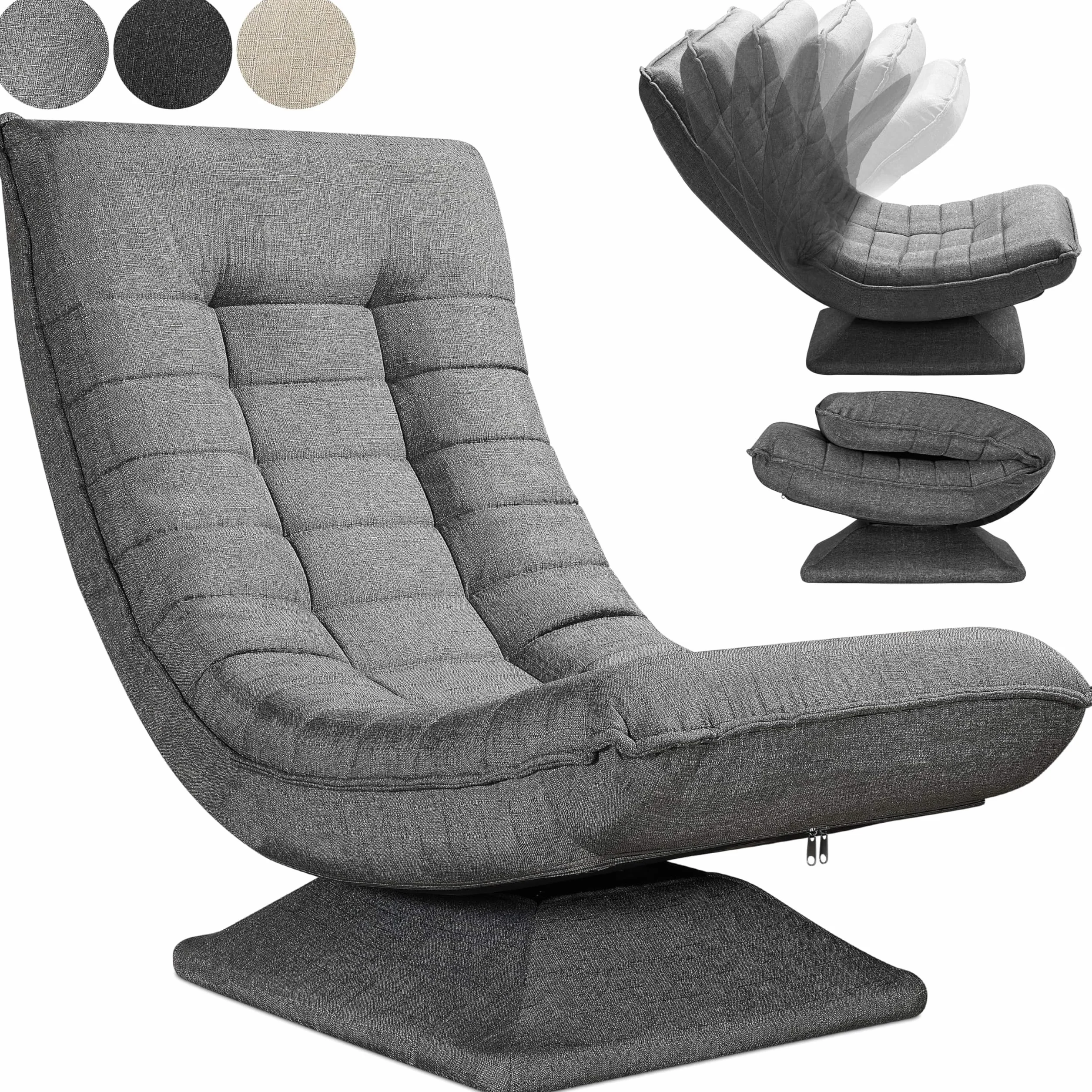 CASARIA® Sillón Relax Respaldo Ajustable 5 Posiciones Ergonómico Giratorio 360° Manual Carga 150kg Silla de Suelo Plegable Tapizado Gris 60x105x87cm