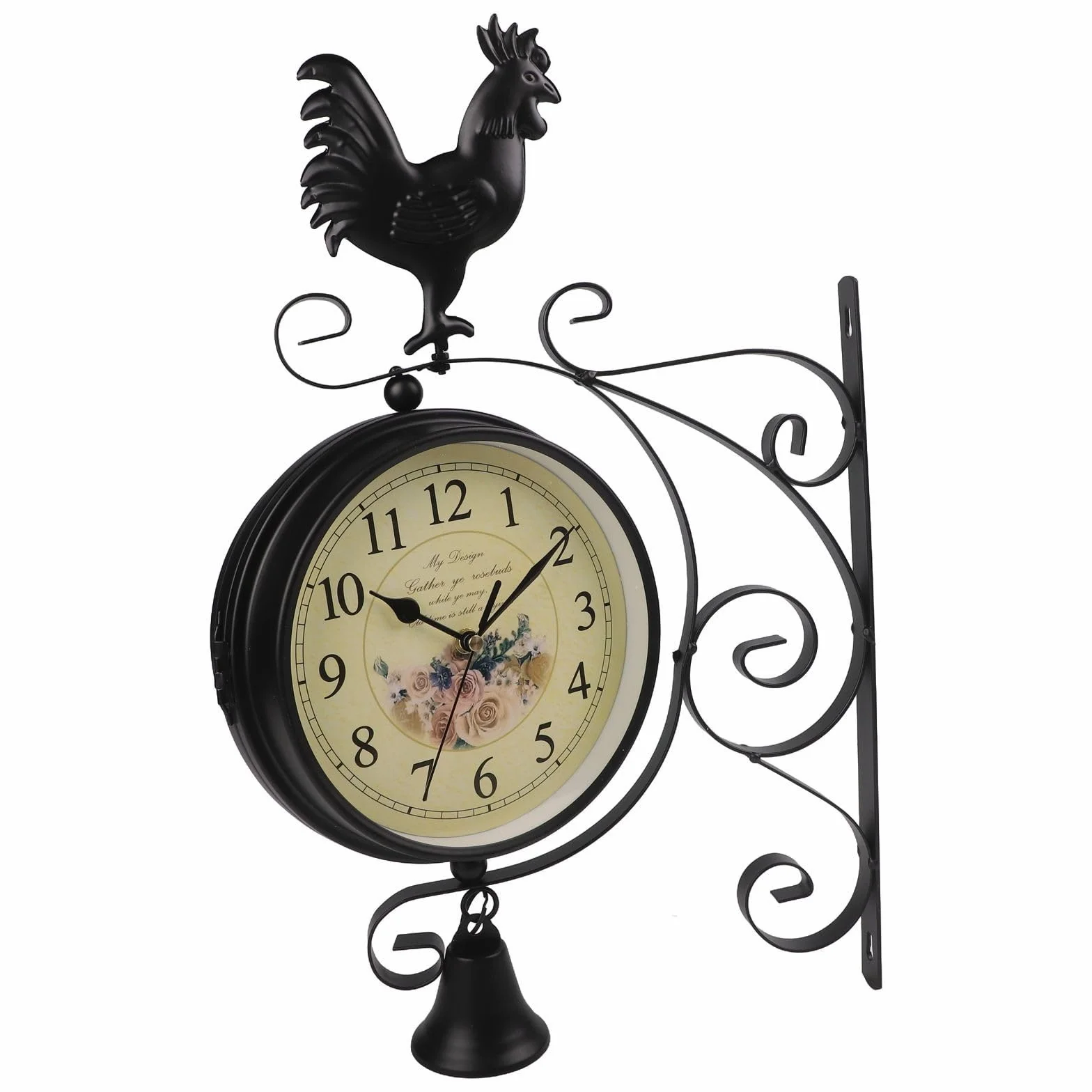 Reloj de pared de doble cara, reloj de estación de hierro negro de 39 cm con movimiento de cuarzo silencioso, números grandes para decoración del hogar y sala de estar