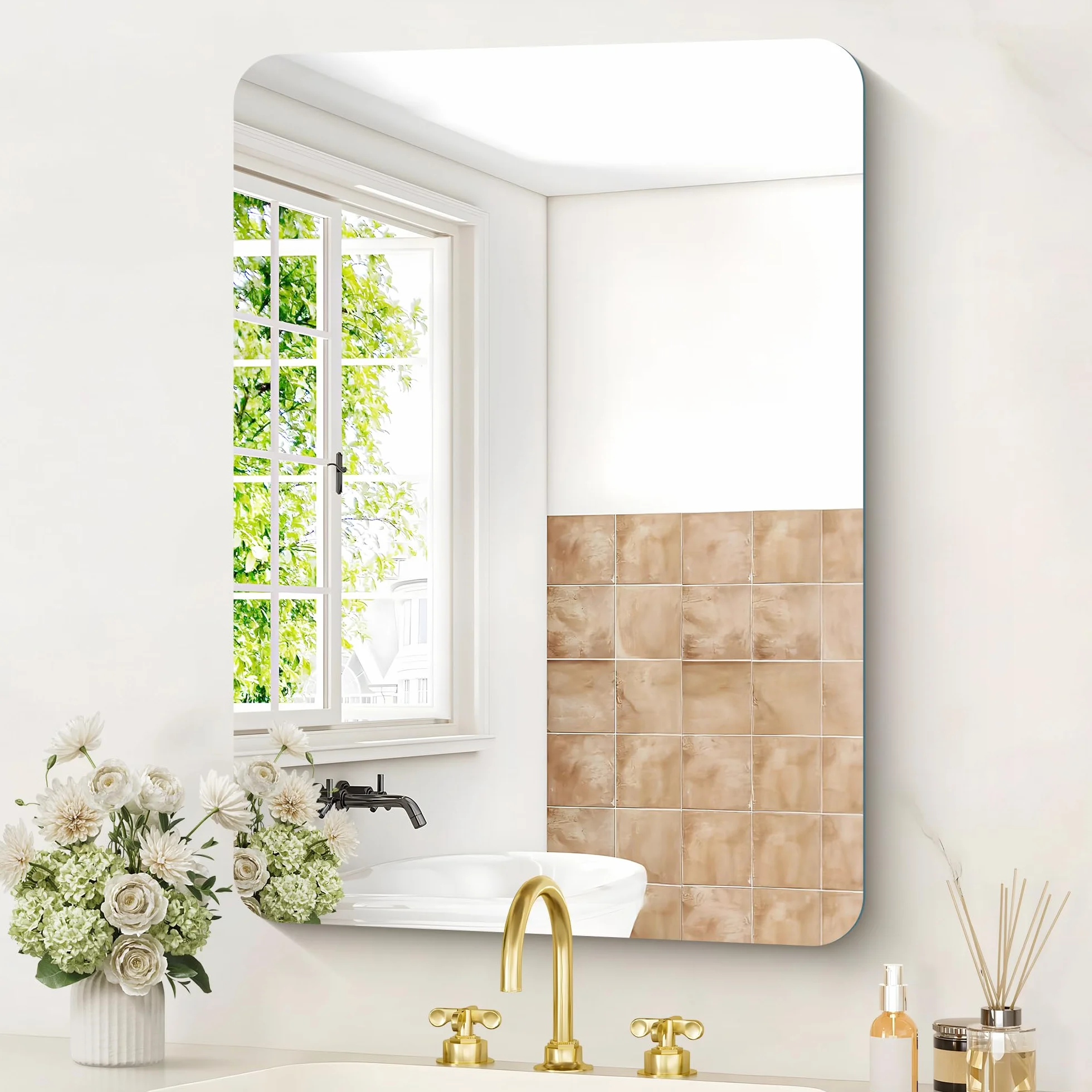 KOCUUY Espejo de baño Rectangular sin Marco, Espejo de Pared de 70 x 50 cm, Espejo con Cristal irrompible, reflexión HD, Esquinas Redondeadas, Adecuado para baños, dormitorios o vestidores.