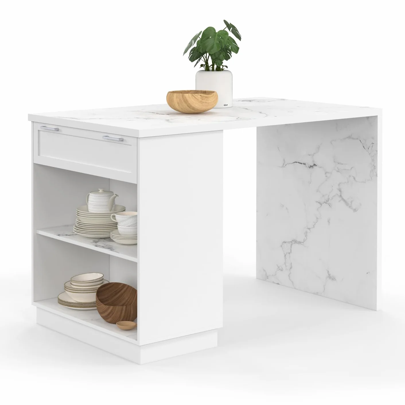 IDMarket - Isla Central de Cocina Alta para 4 Personas VITO 130 cm Blanco con Encimera de Mármol Alaska