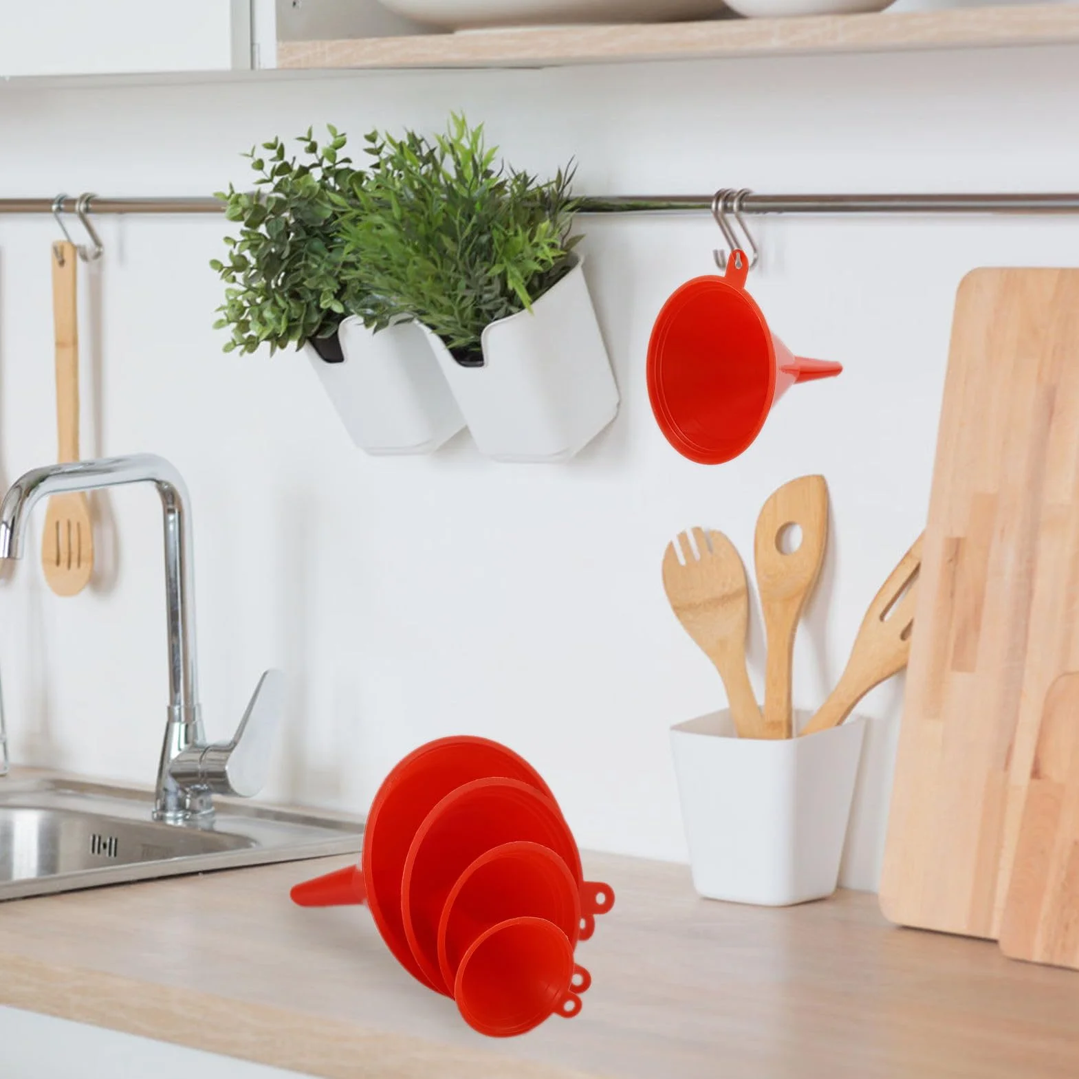 Juego de 8 embudos de plástico de boca ancha para cocina, laboratorio, garaje (rojo)