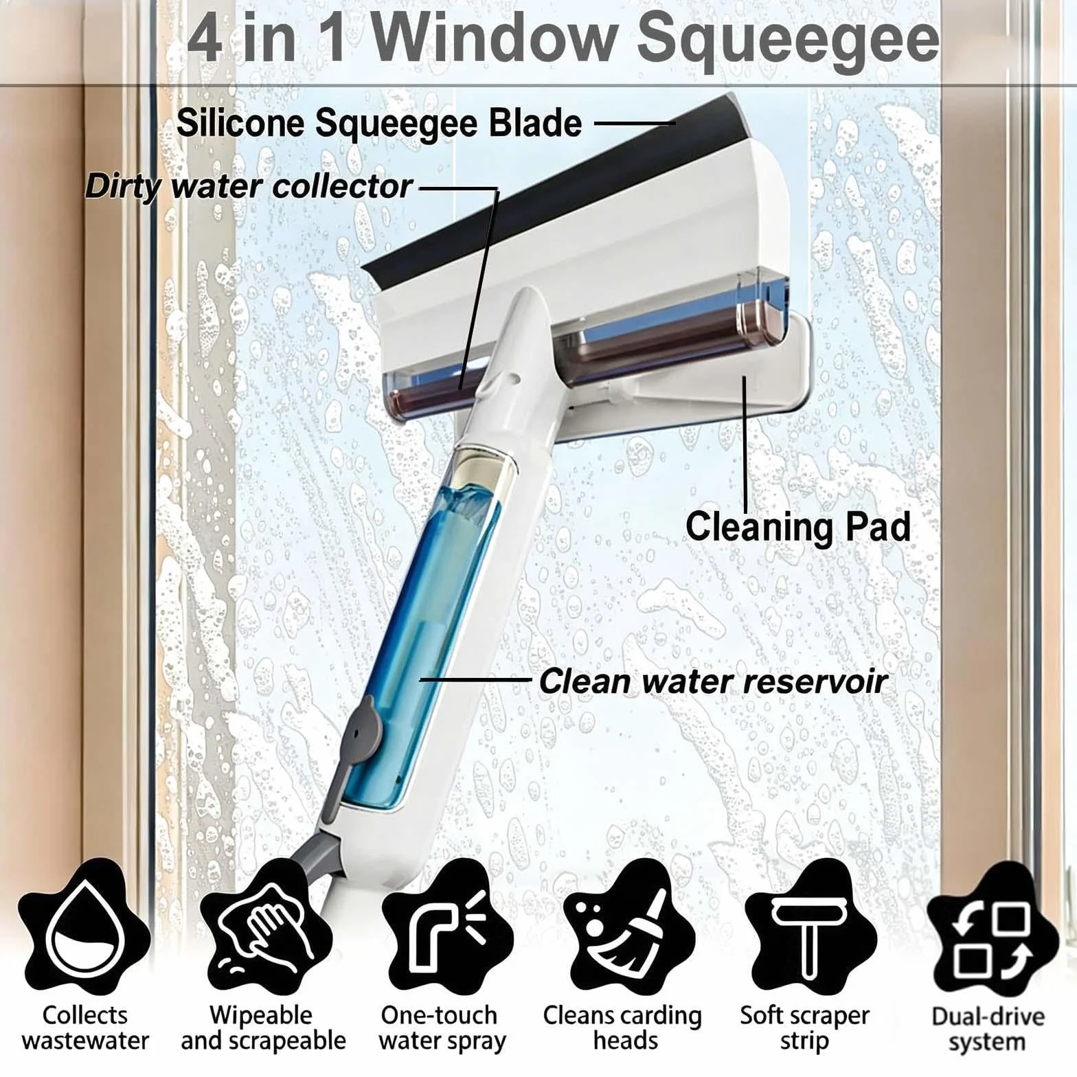 Limpiacristales 4 en 1 con Mango Telescópico de Ventanas con Depósito de Agua Residual Limpiacristales en Spray de Doble Cara Adecuado para Múltiples Escenarios