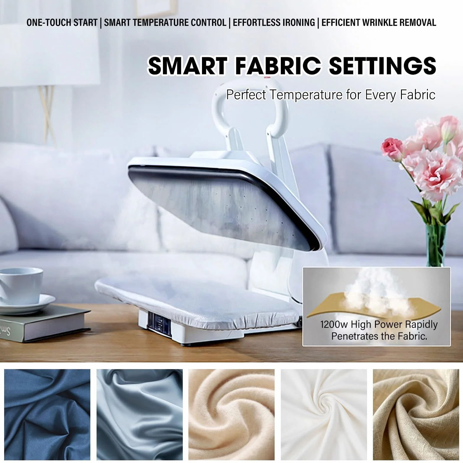 Acabado de vapor para camisas, pantalones y uniformes con pantalla LED, potencia de 1200 W, 5 preajustes de tela, gran superficie para hoteles y hogares