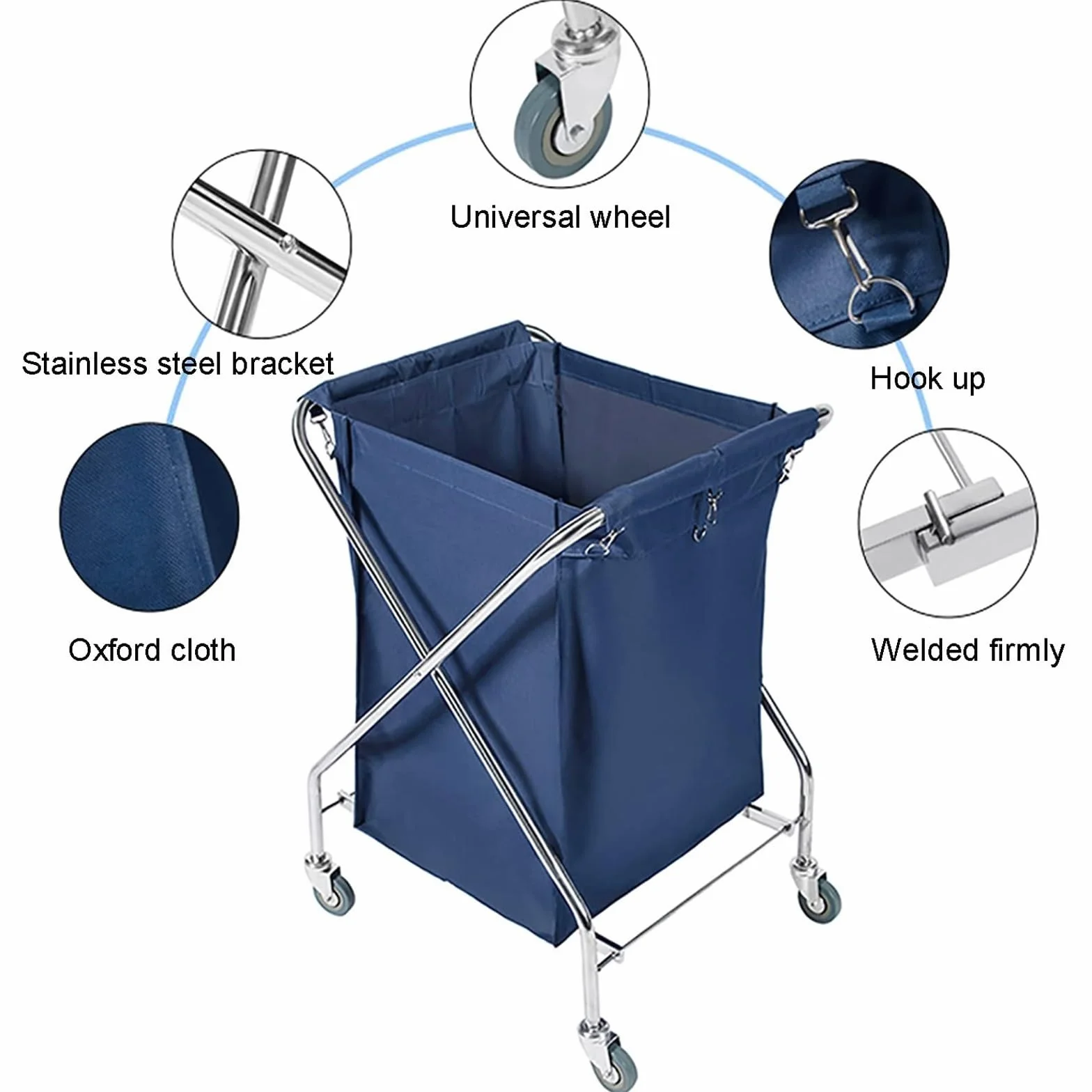 FQMYLTYN Carrito de Lavandería Plegable con Ruedas, Cesta de Lavandería Comercial Resistente y Plegable con Bolsa de Lona Desmontable para Hoteles, Hospitales y Hogares, 60x60x89cm(Blue)