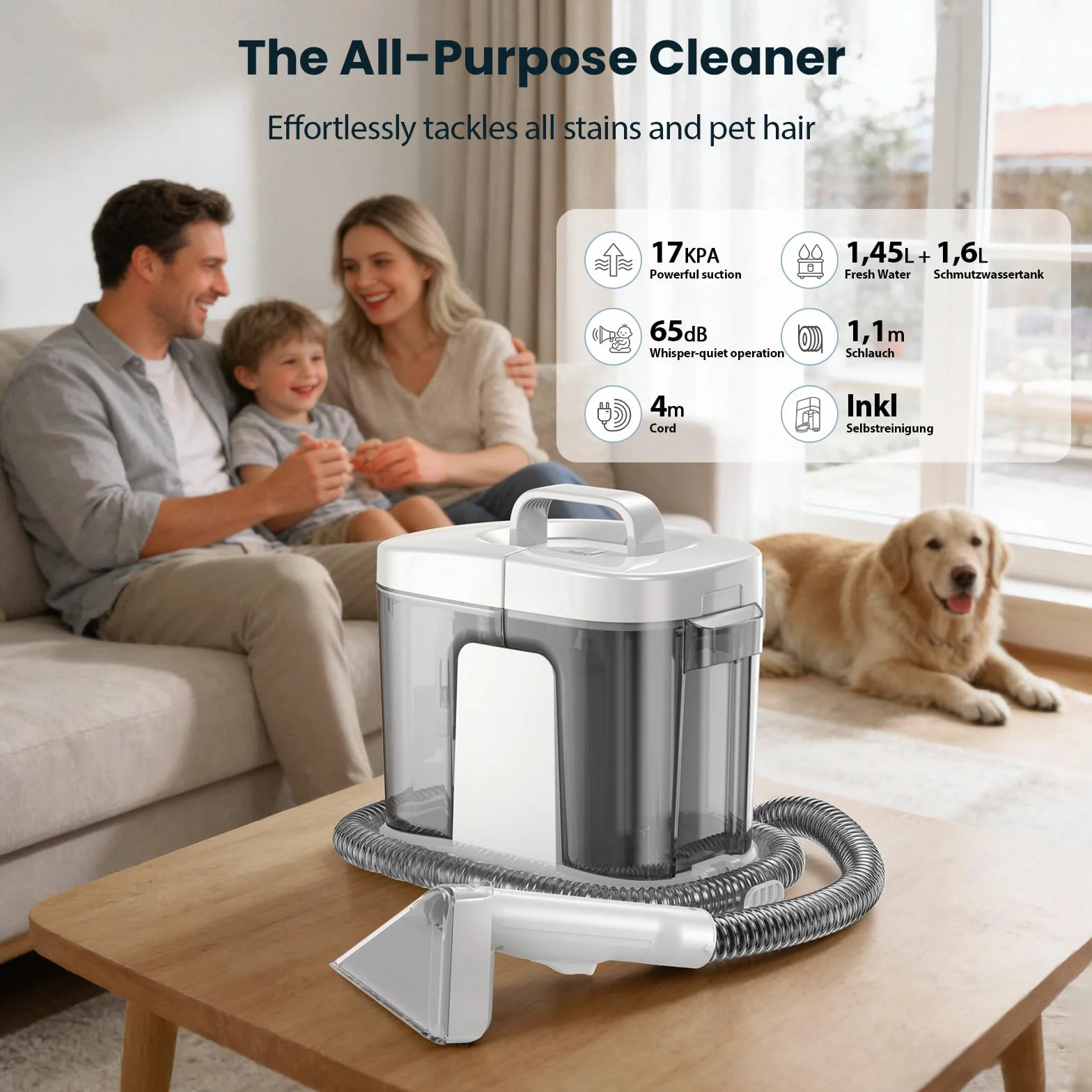 Limpiador de Tapicerias 17kPa Aspiradora de Agua Tapiceria 600W Maquina Limpia Tapicerias para Sofas Alfombras Coche Colchones y Mascotas con Autolimpieza,Depositos Extraibles,Tubos flexible White