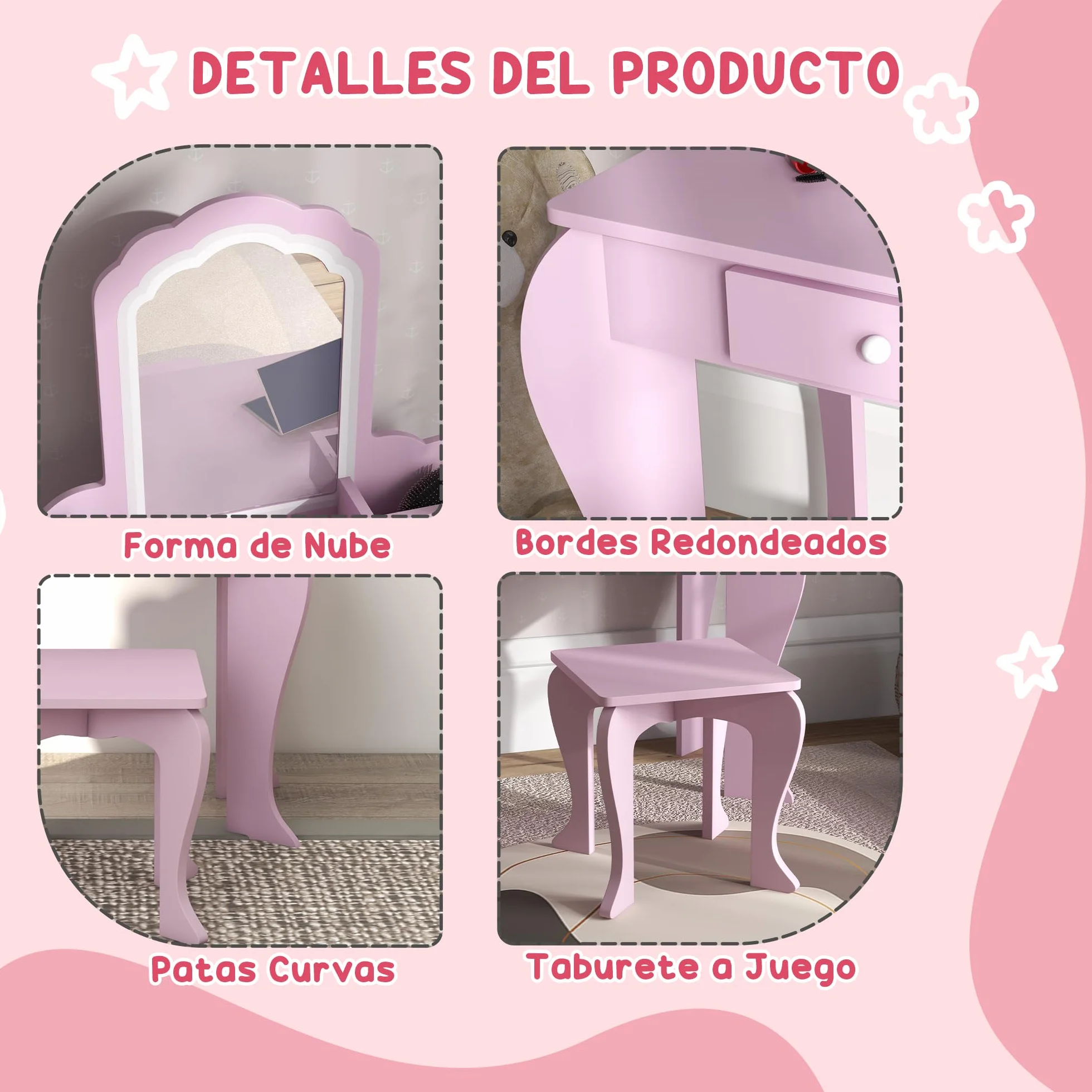 ZONEKIZ Tocador Infantil Mesa de Maquillaje con Taburete y Espejo para Niñas +3 Años Rosa