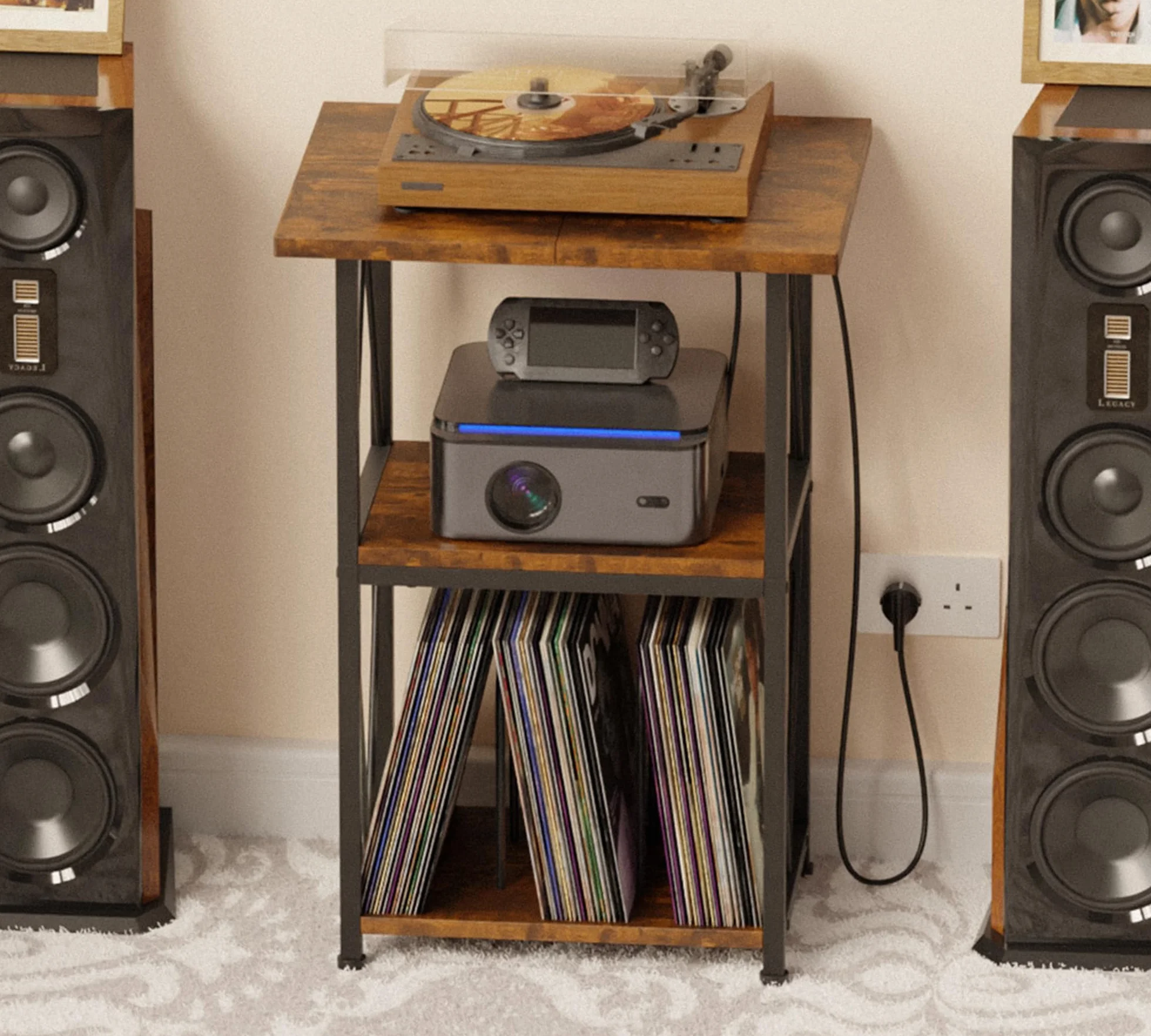 HFHOME Soporte ampliado para tocadiscos con estación de carga, mesa auxiliar de 3 niveles con almacenamiento de discos de vinilo, mesa de tocadiscos con almacenamiento, soporte giratorio para