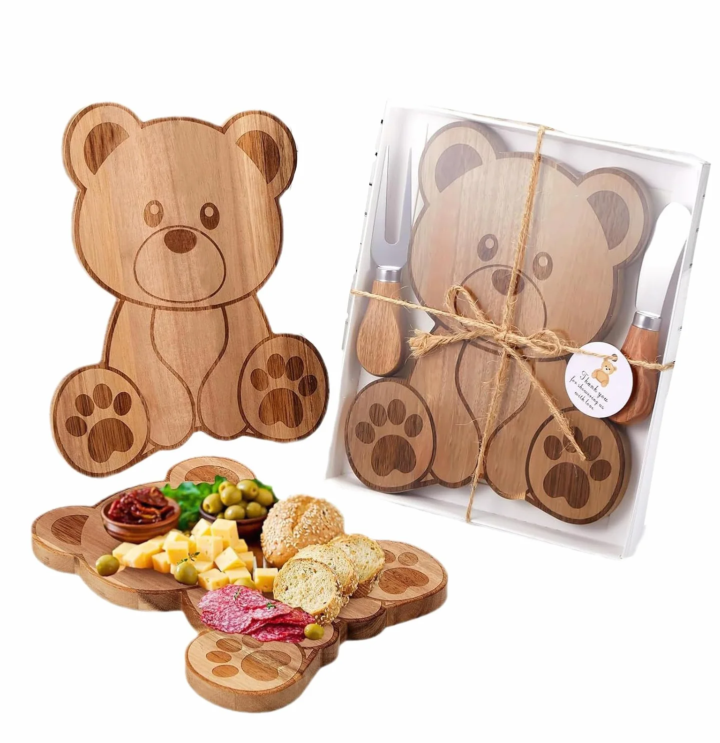 Juego de tabla de queso de madera de acacia con cuchillo de queso y tenedor, tabla de madera para queso, salchichas, frutas y aperitivos, set de regalo para brunch, picnic y celebraciones