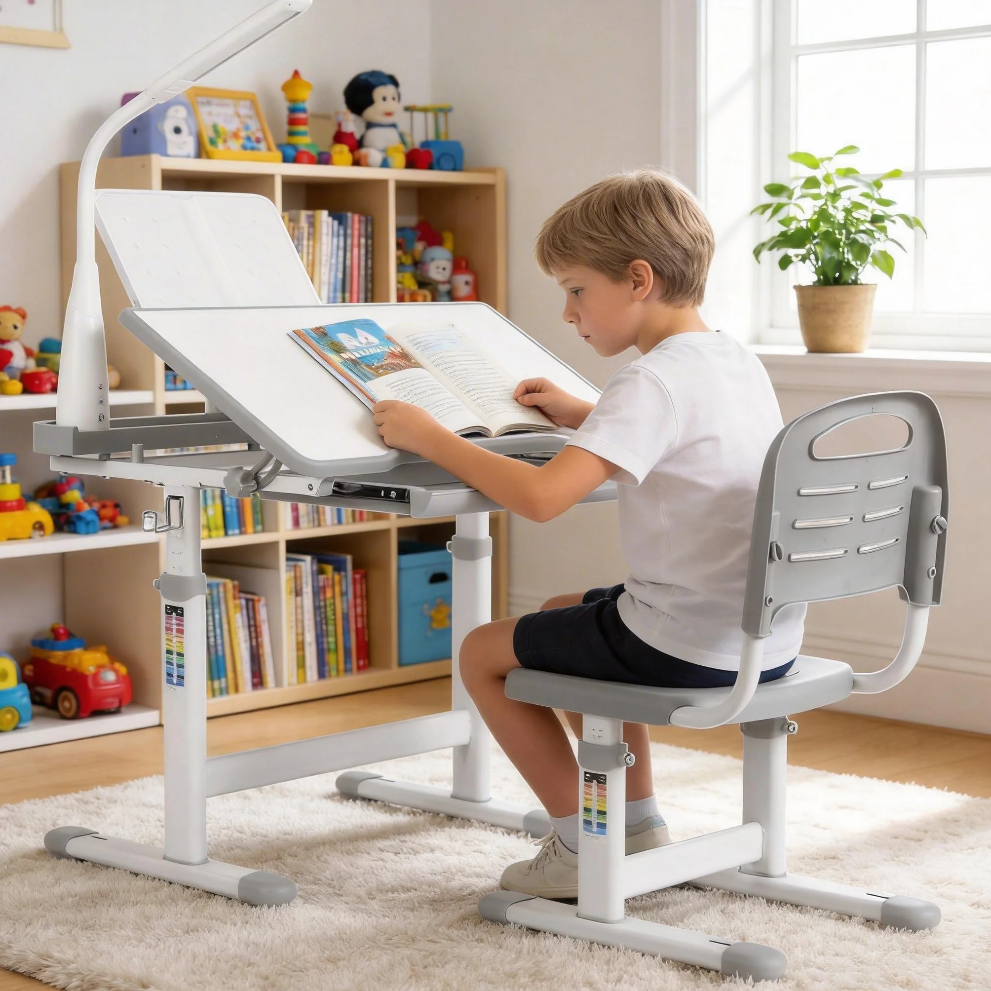 Set Escritorio y Silla para Niños, Altura Ajustable, Mesas Infantiles, Juego Juvenil Con Cajón y Soporte Lectura (Gris)