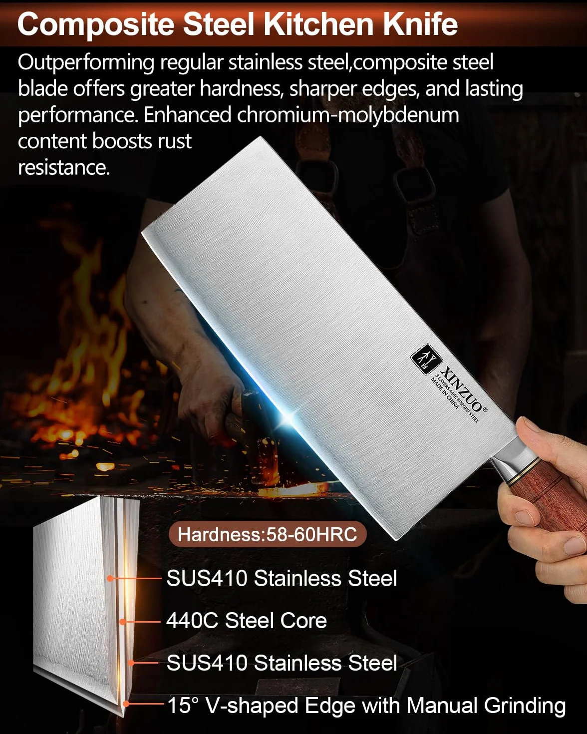XINZUO 20,5cm Cuchillo de Cocina Chino Acero Compuesto de 3 Capas -Profesional Multifuncionales Afilado Cuchillo de Chef Acero Inoxidable -Mango Ergonómico de Red Wood -Para Carne, Pescado, Verduras