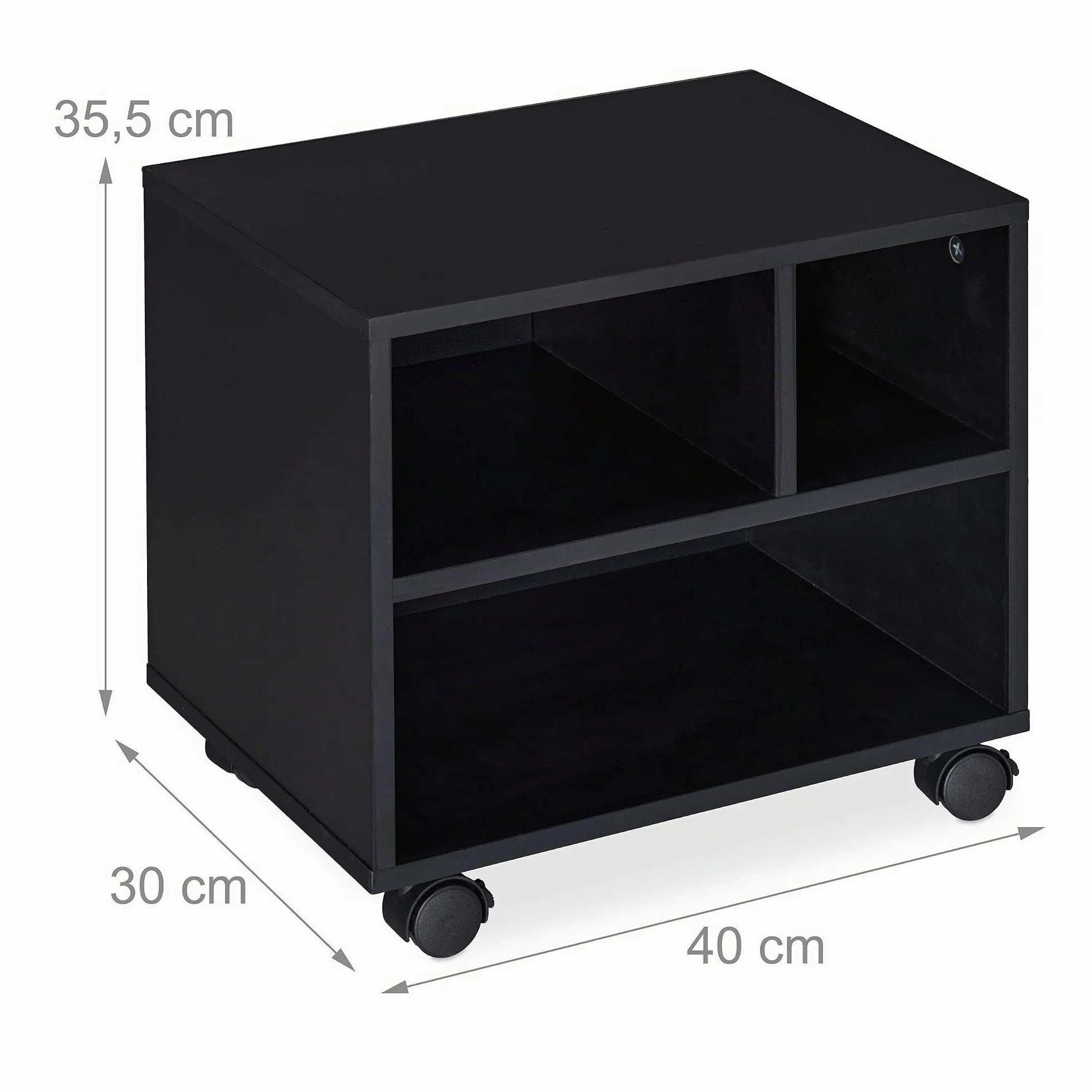 Relaxdays Mueble Auxiliar Impresora, 3 Compartimentos Abiertos, Oficina y Teletrabajo, Ruedas, 35,5 x 40 x 30 cm, Negro