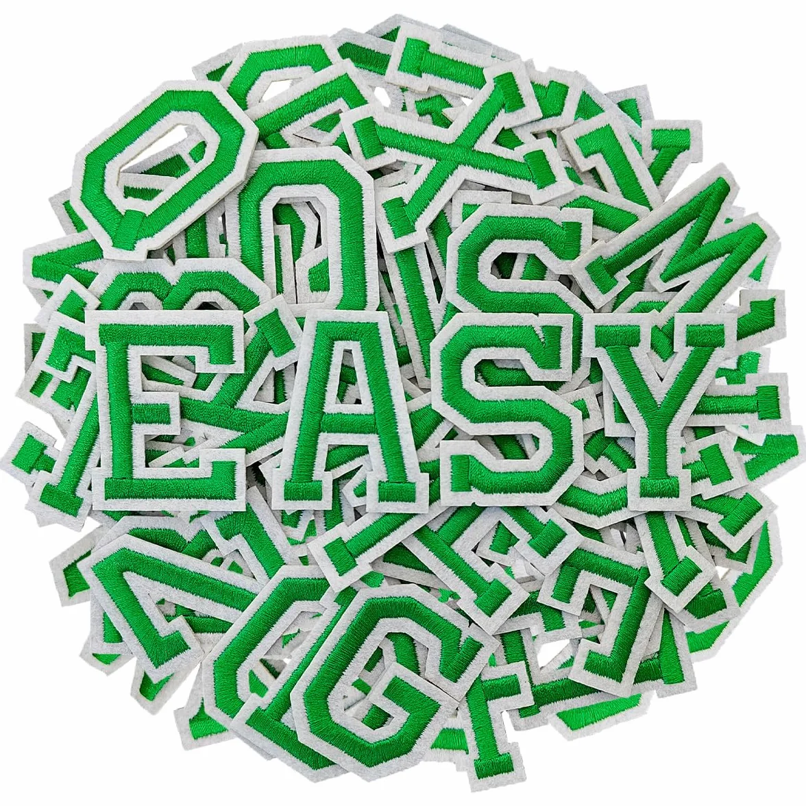 104 parches de letras del alfabeto de la A a la Z con adhesivo planchado, parches de reparación para chaquetas, camisas, sombreros, bolsos, vaqueros/verde
