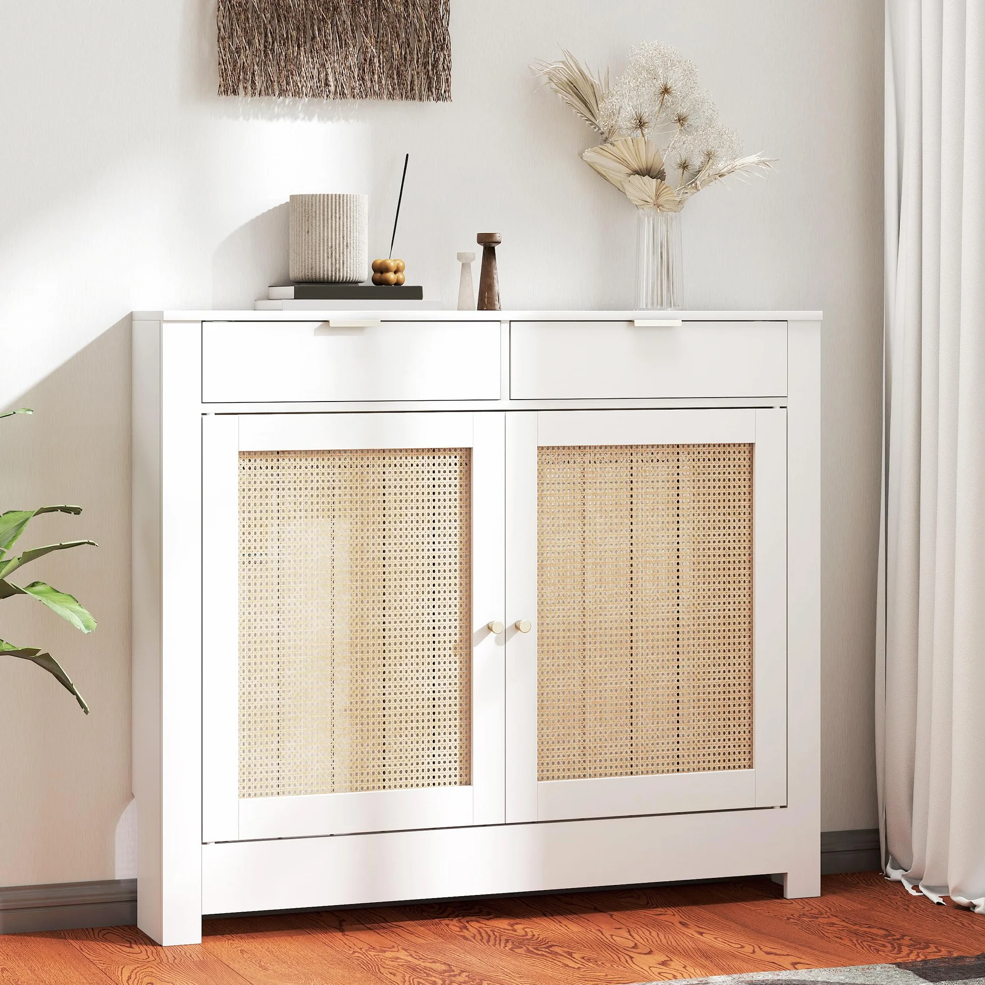 HOMCOM Cubre Radiadores con Puerta Abatible y Ratán 111x19x95,5 cm Blanco | Cubreradiador de MDF, Cubierta para Radiador, Compartimento, Diseño Bohemio, para Salón, Dormitorio