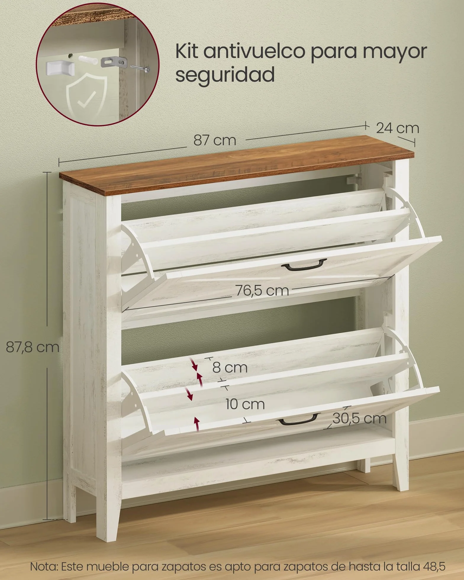 VASAGLE LIRY Colección - Mueble Zapatero, con 2 Cajones Abatibles, Zapatero Estrecho Independiente para Entrada, Estilo Rústico, para 12 a 16 Pares, Blanco Rústico HSC201W01