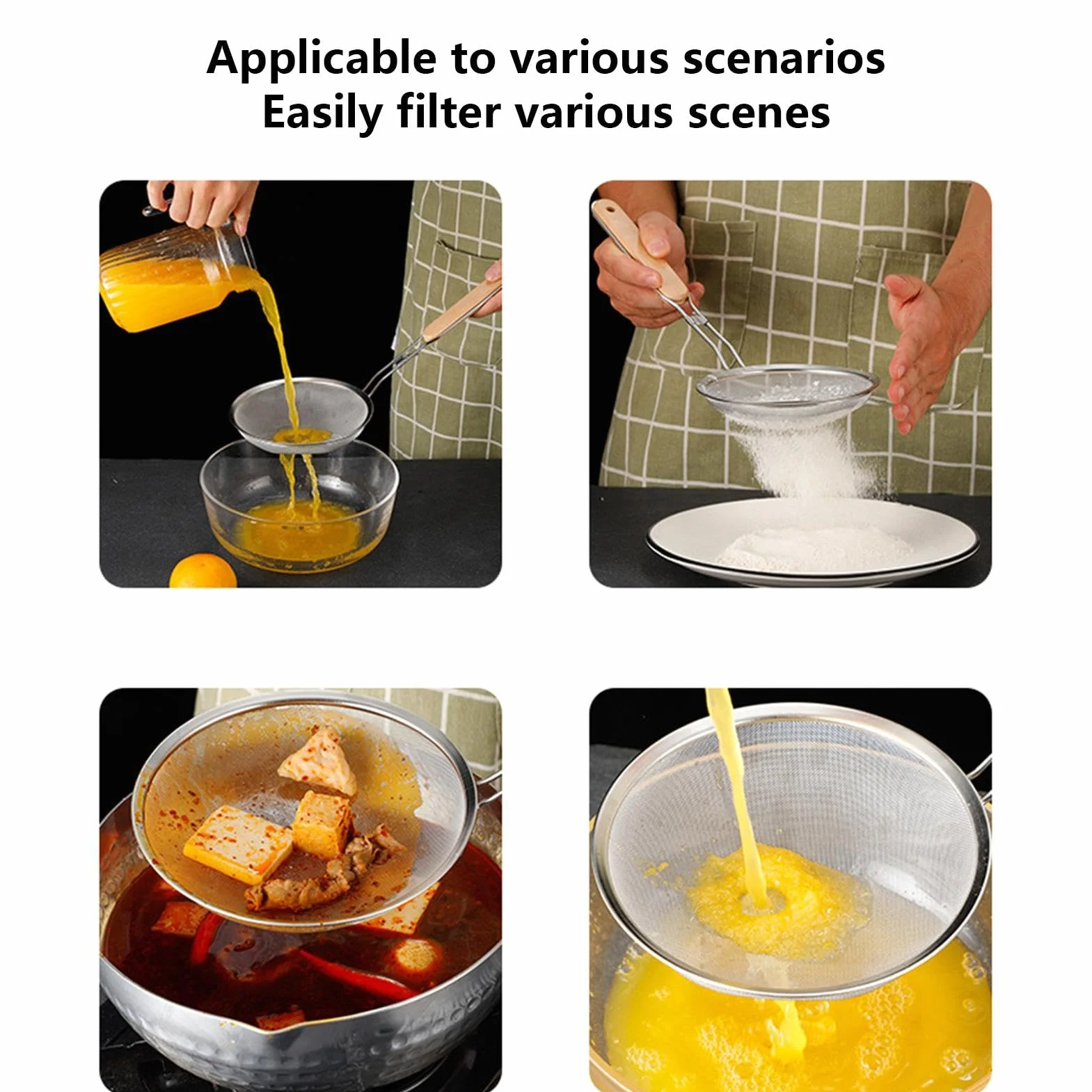Colador de alimentos de malla, cuchara de cocina de mango largo para verduras, café, harina