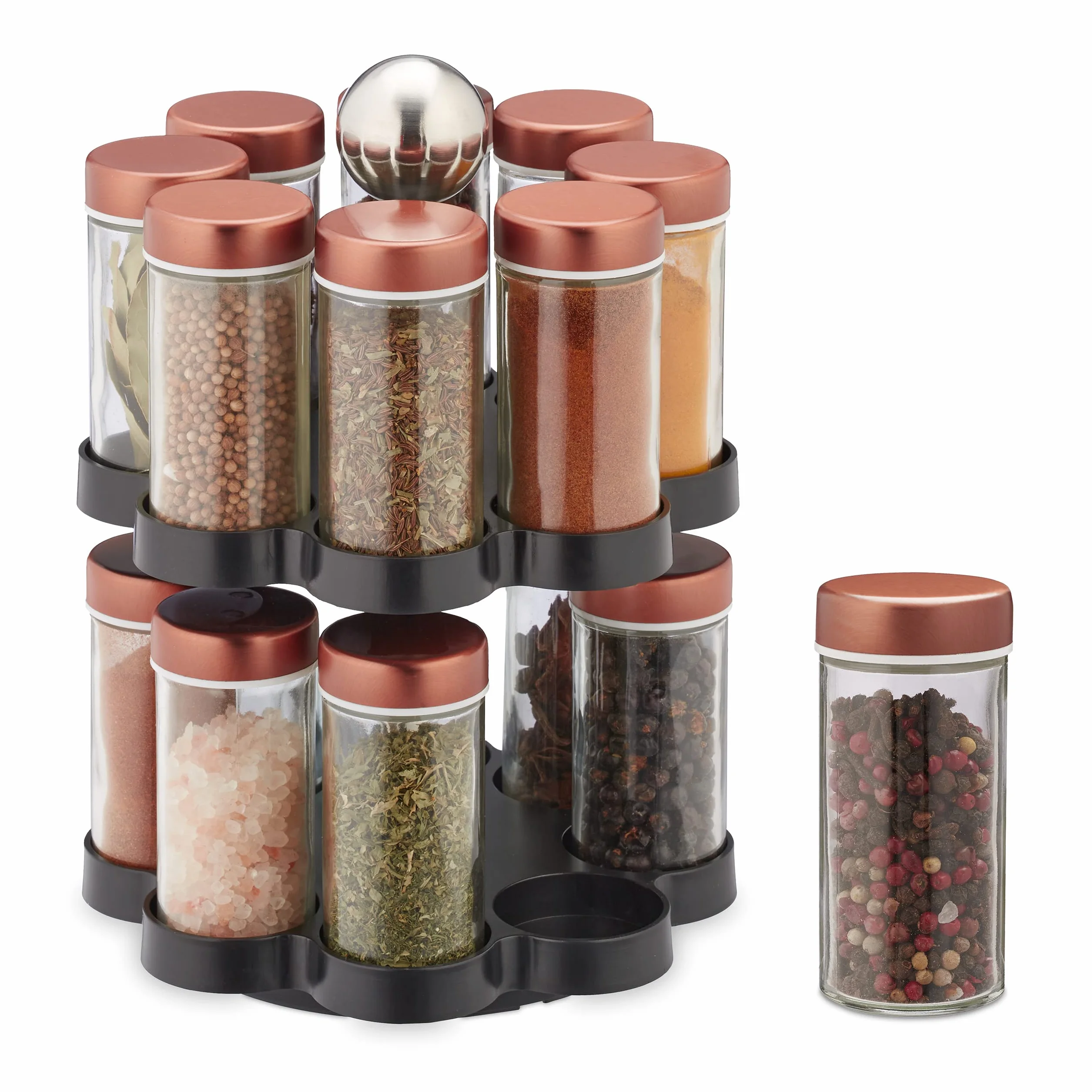 Relaxdays Especiero Giratorio, 16 Botes Especias con Dosificador, Giro 360º, Acero Inoxidable y Vidrio, 26x17 cm, Cobre