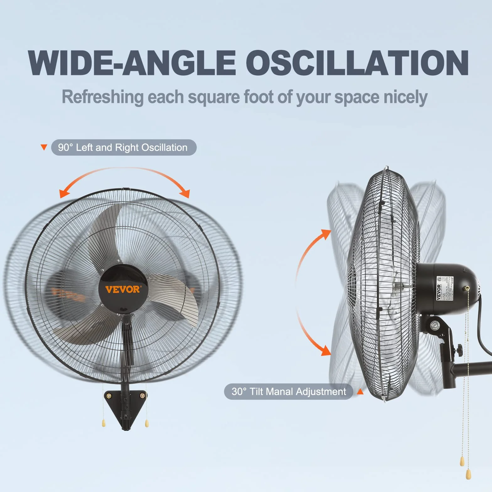 VEVOR Ventilador de Montaje en Pared, 44,45 cm, 3 Velocidades de Alta Velocidad Máx. Ventilador de Pared Industrial Oscilante de 4000 CFM, Comercial o Residencial para Almacén, Invernadero, Negro