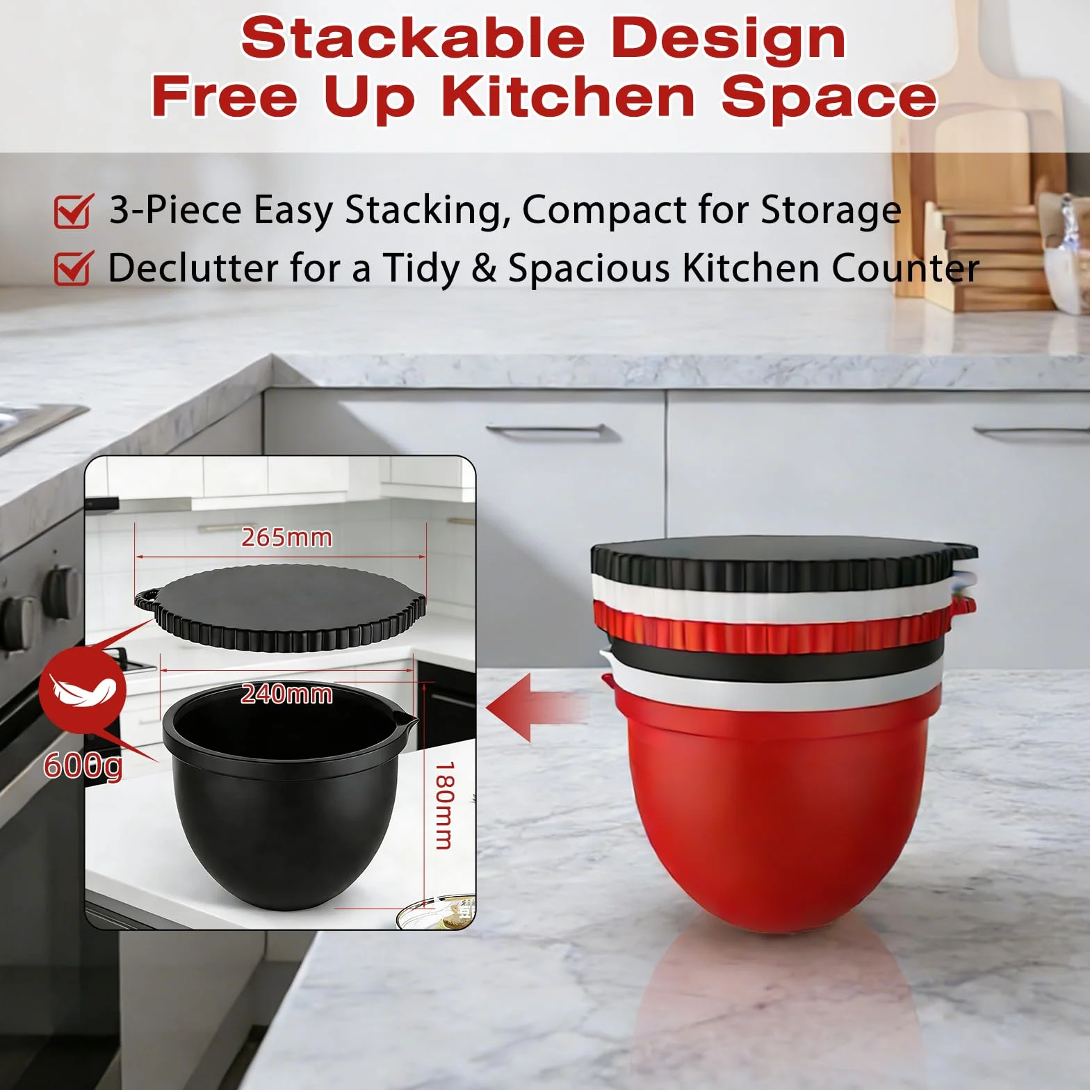 3 Forros de Silicona para Batidora, Compatibles con Kitchenaid Accesorios, Bol de 5 Qt con Tapa, Insertos de Silicona para Batidora, Antidesplome Reforzado, Apilables, para Hornear/Cocinar