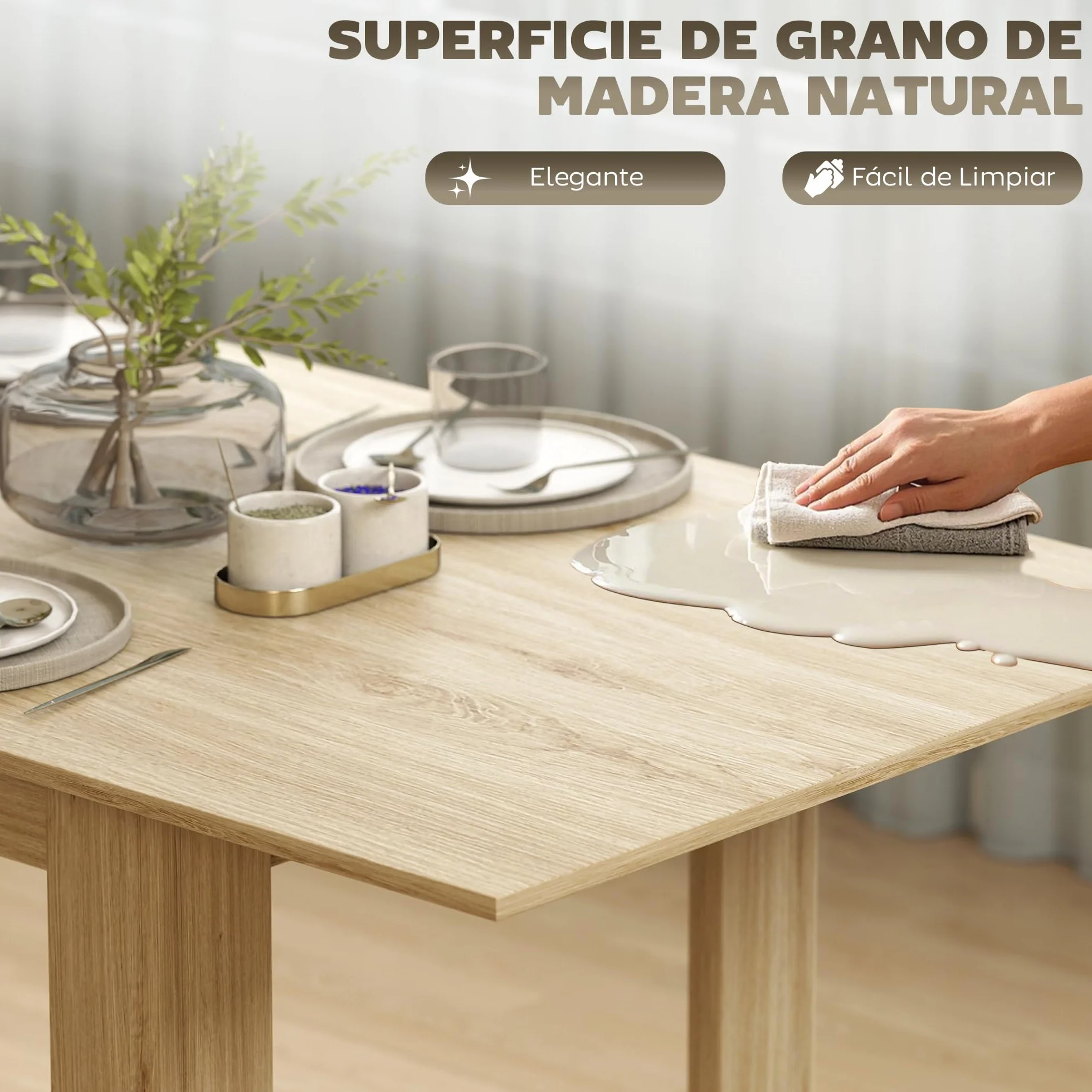 HOMCOM Mesa de Comedor Extensible 140-180x90x75 cm Madera Natural | de 140 a 180 cm, Mesa de Cocina Extensible Rectangular, para 6-8 Personas, para Salón