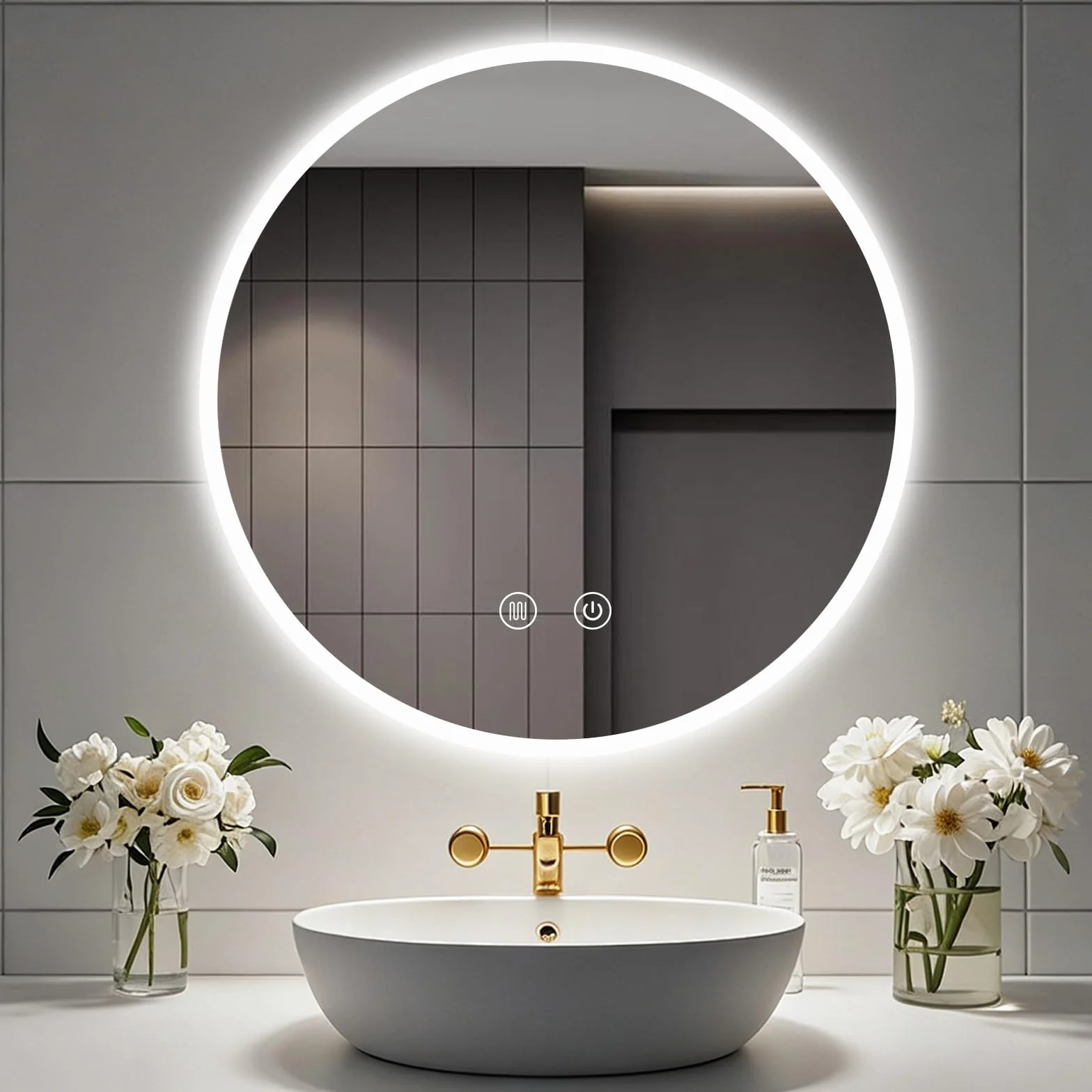 Espejo baño con luz Redondo Ø 70 cm LED Regulable en 3 Colores - Espejo de Pared con Ajuste de Brillo con Memoria e Interruptor Táctil - Inteligente Retroiluminado Espejos Maquillaje con luz