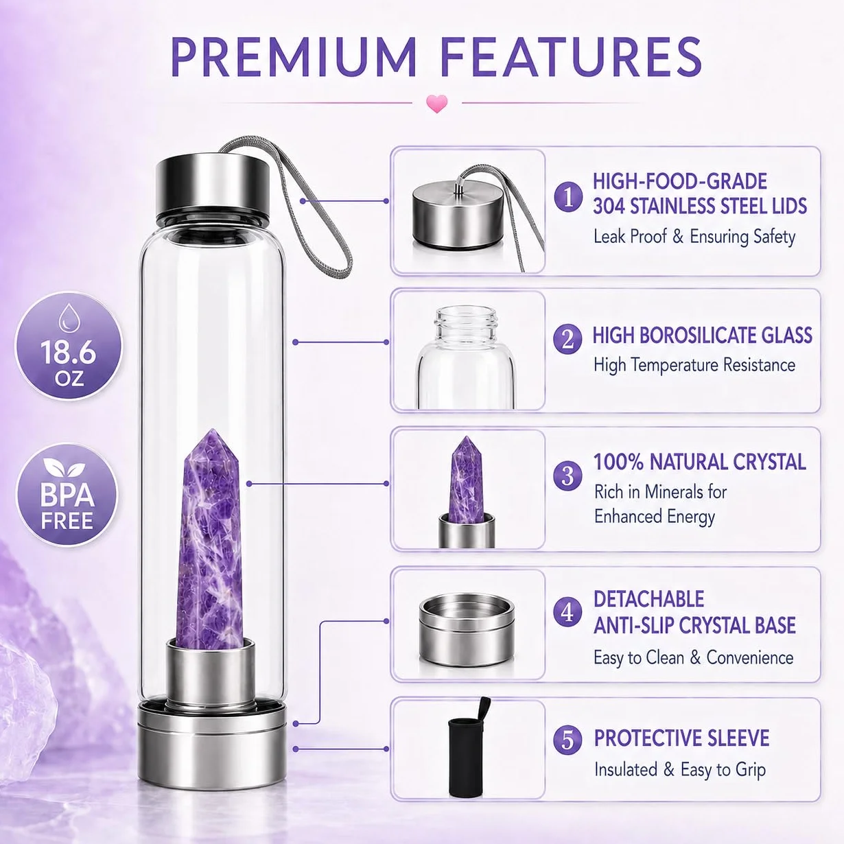 ChezMax Botella de agua de cristal con cristal natural extraíble