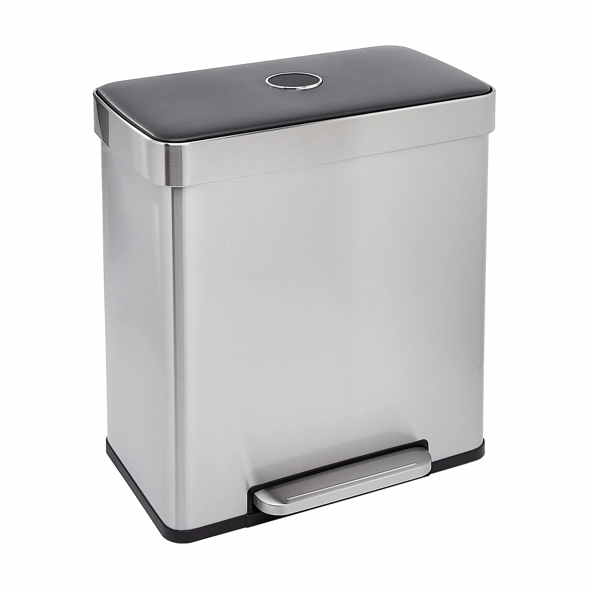 Amazon Basics Rectangular Cubo de basura para reciclaje con 2 compartimentos, Cubo interior de 30L+30L (60 L) metálico, Plateado