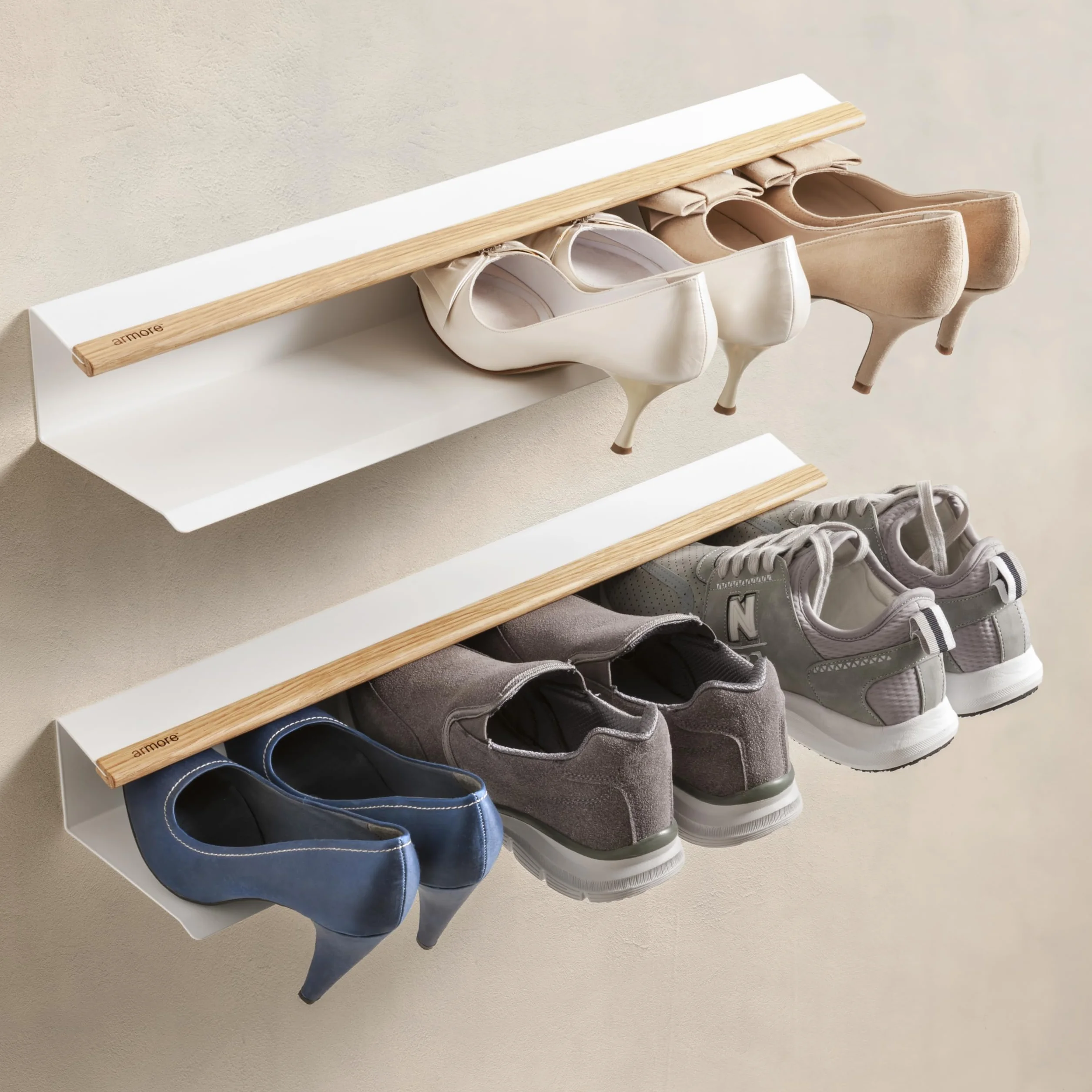 armore Par de zapatero 2 piezas zapatero moderno ahorro de espacio delgado para colgar en la pared entrada metal madera con 1 estante de visualización hasta 3 pares de zapatos resistente (blanco x 2)