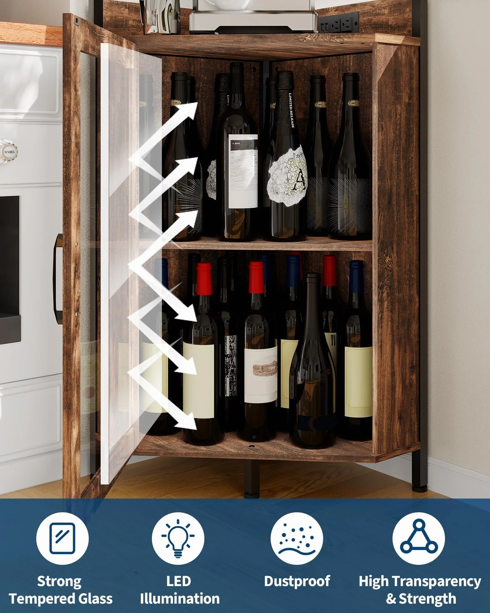 Armario de Vino Esquinero con Luces LED, Mueble Bar Industrial de 5 Niveles, Toma de carga lateral, Puerta de vidrio, estantes ajustables y soporte para copas, ideal para salón o comedor, Marrón