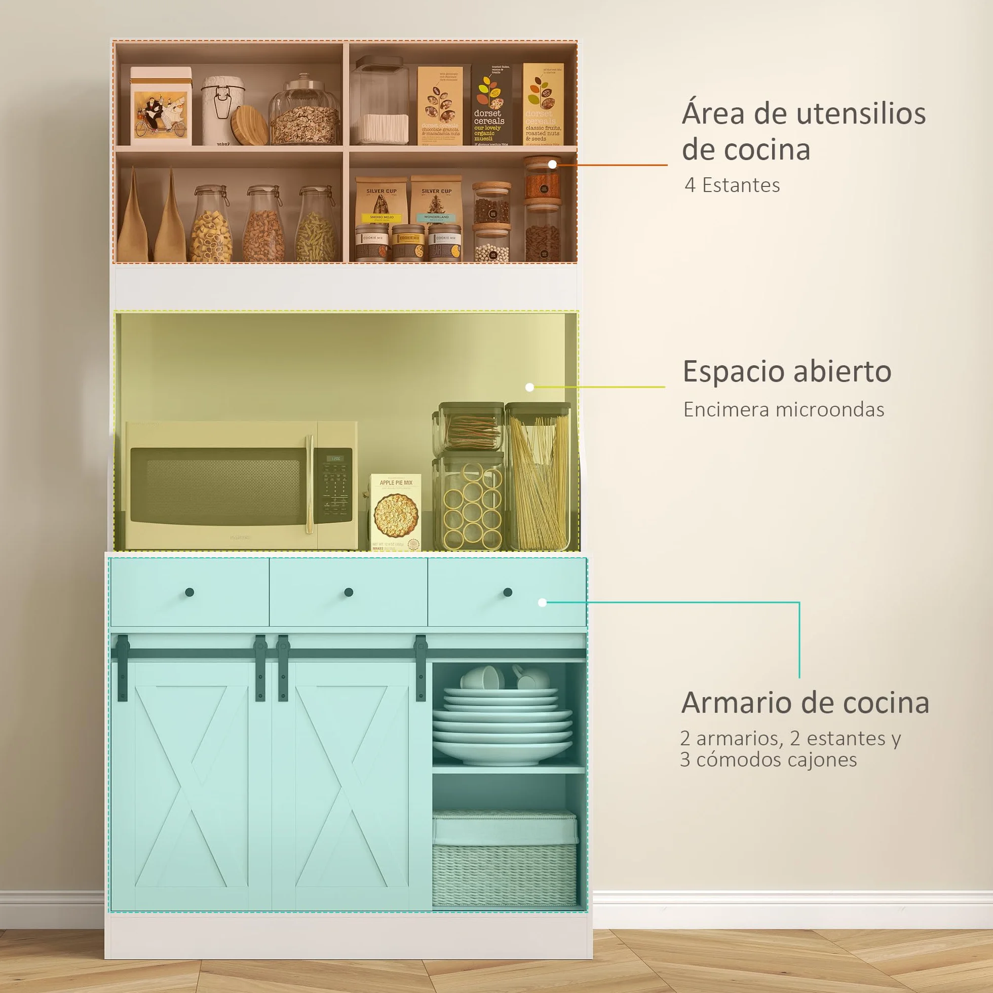 HOMCOM Alacena de Cocina Mueble Auxiliar con Encimera para Microondas, 2 Puertas Corredizas y 3 Cajones, Estantes Regulables, Estilo Granja, 93,5x40x180 cm Blanco