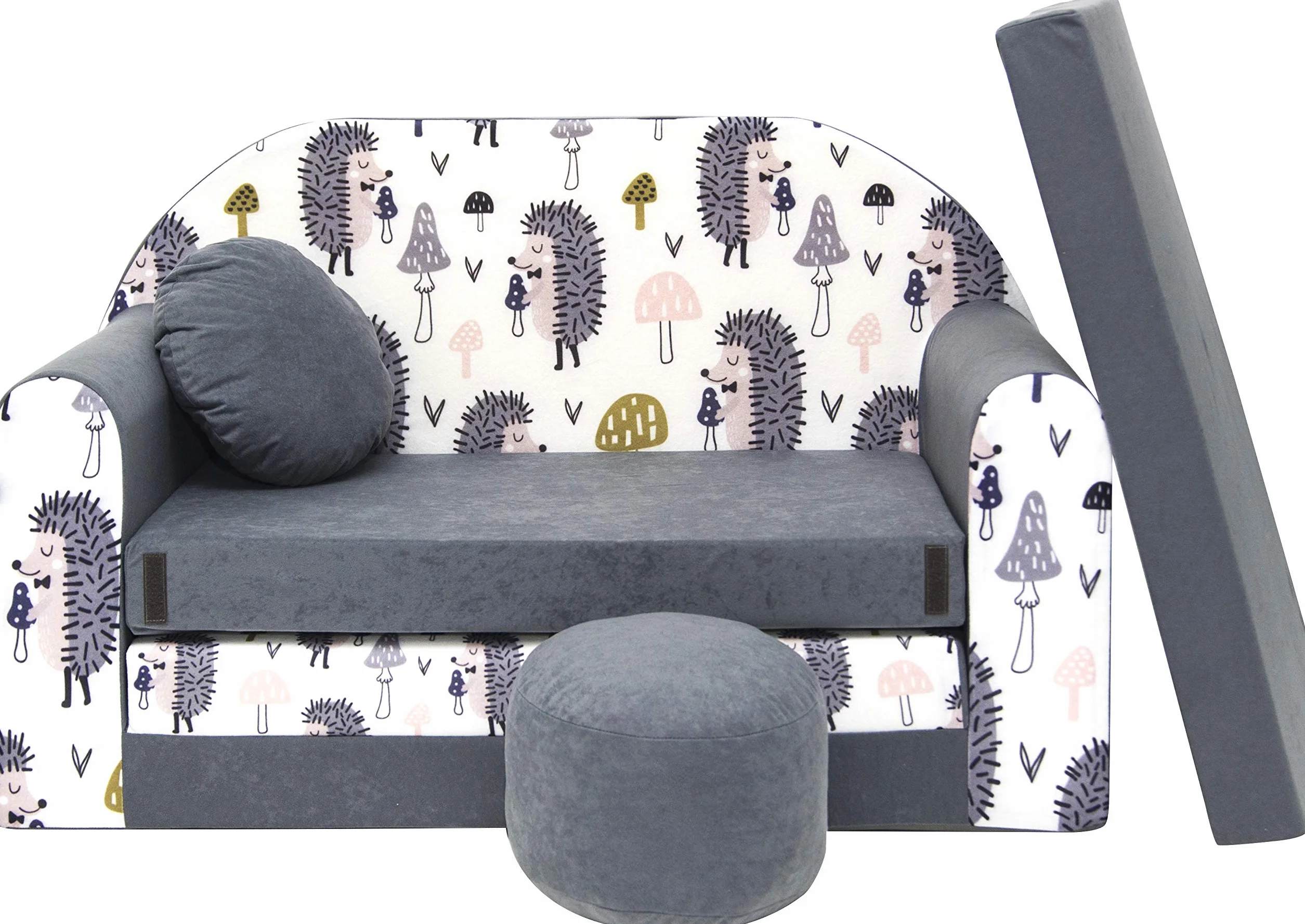 Un sofá Plegable para niños con función de Dormir con Colchón, Cojín y Puf Desenfundables - 98x168x59 cm - Ligero y Fácil de Plegar - Color AX1 Gris - Erizos