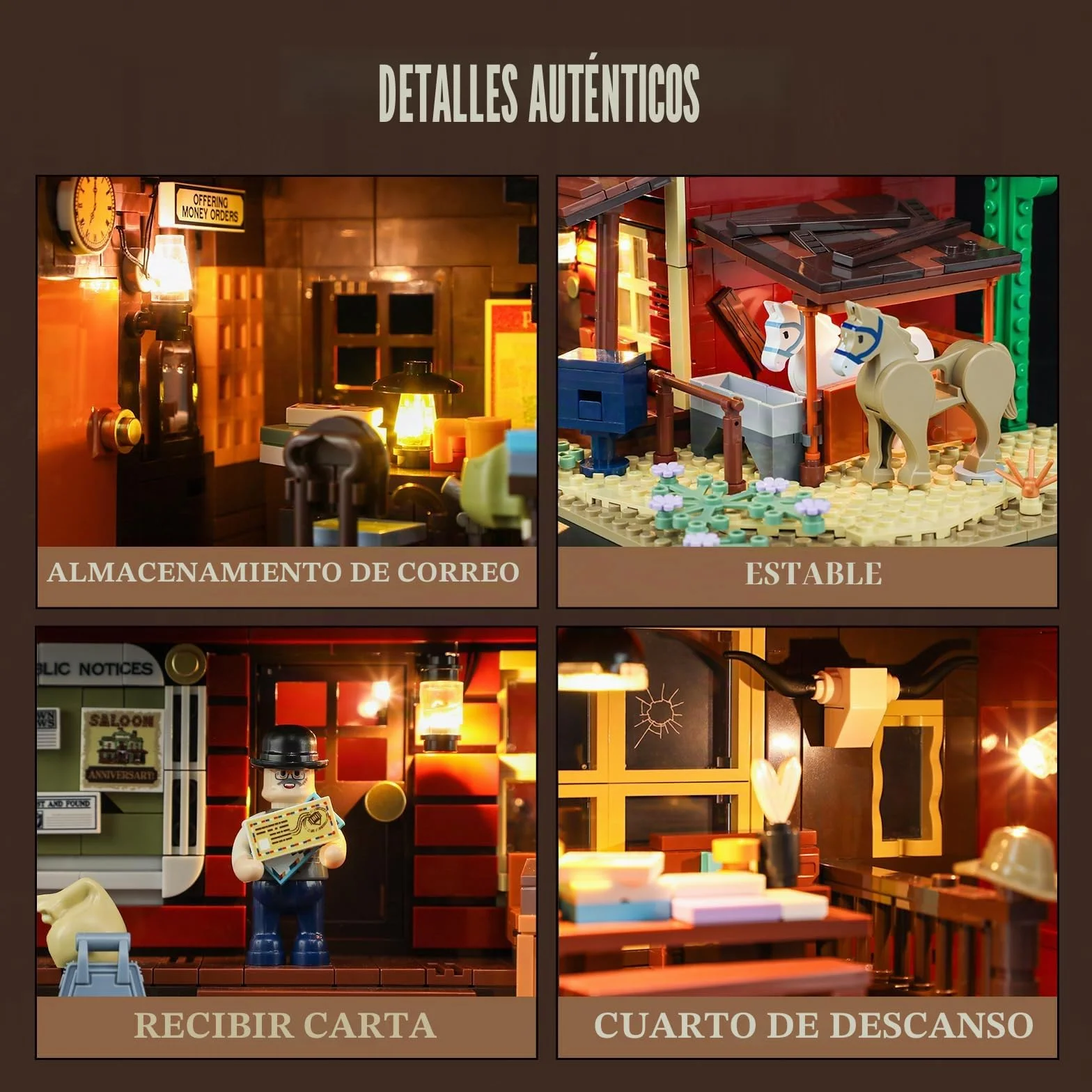 FUNWHOLE Oficina Postal del Oeste – 1692 Piezas | Edificio Modular del Lejano Oeste con 6 Luces LED, Pueblo Vaquero para Adultos y Coleccionistas | Compatible con Serie Western