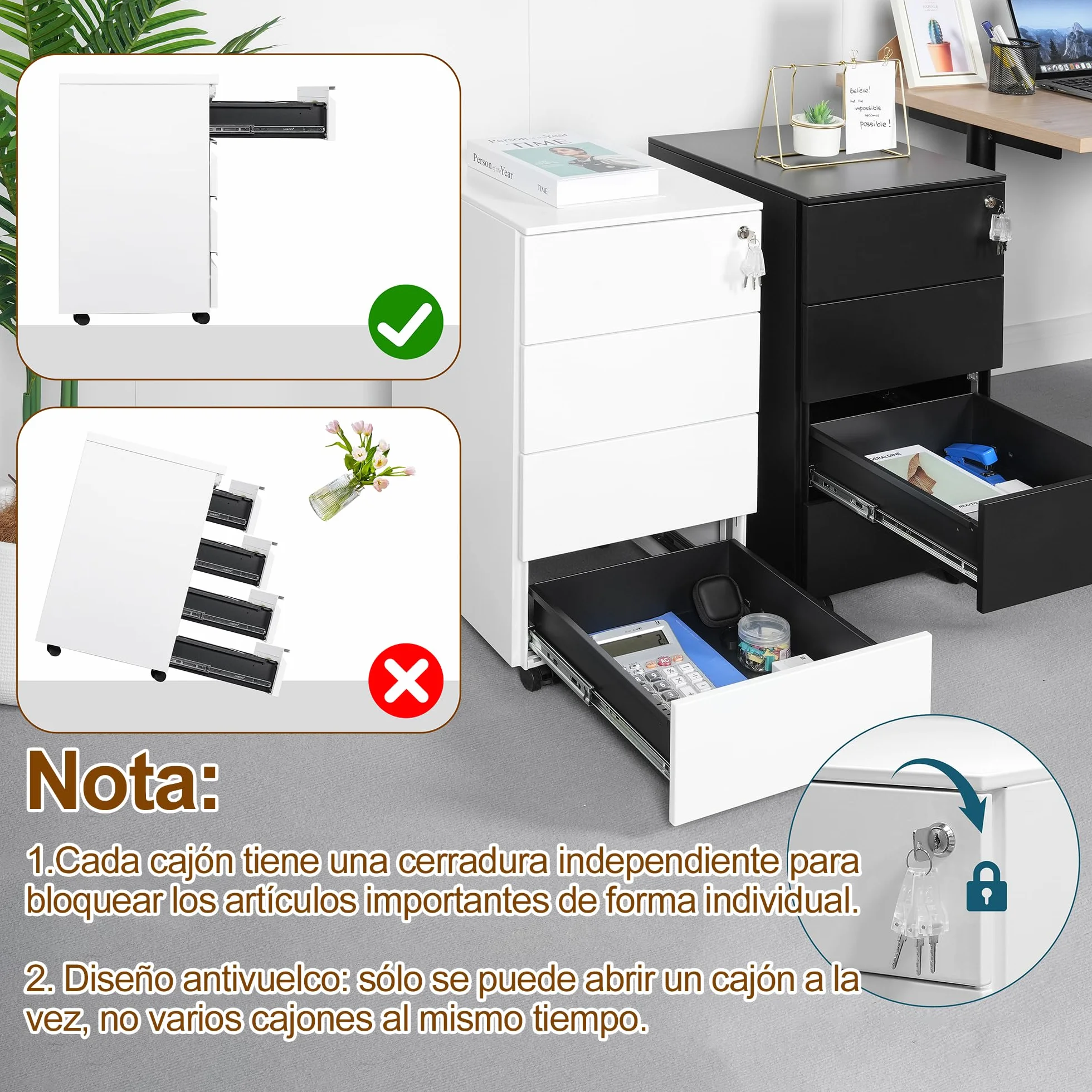 Cajonera móvil, Archivador Metálico con Cerradura, 4 Llaves, 4 Cajones, Premontado, para Oficina, Oficina en Casa, Blanco