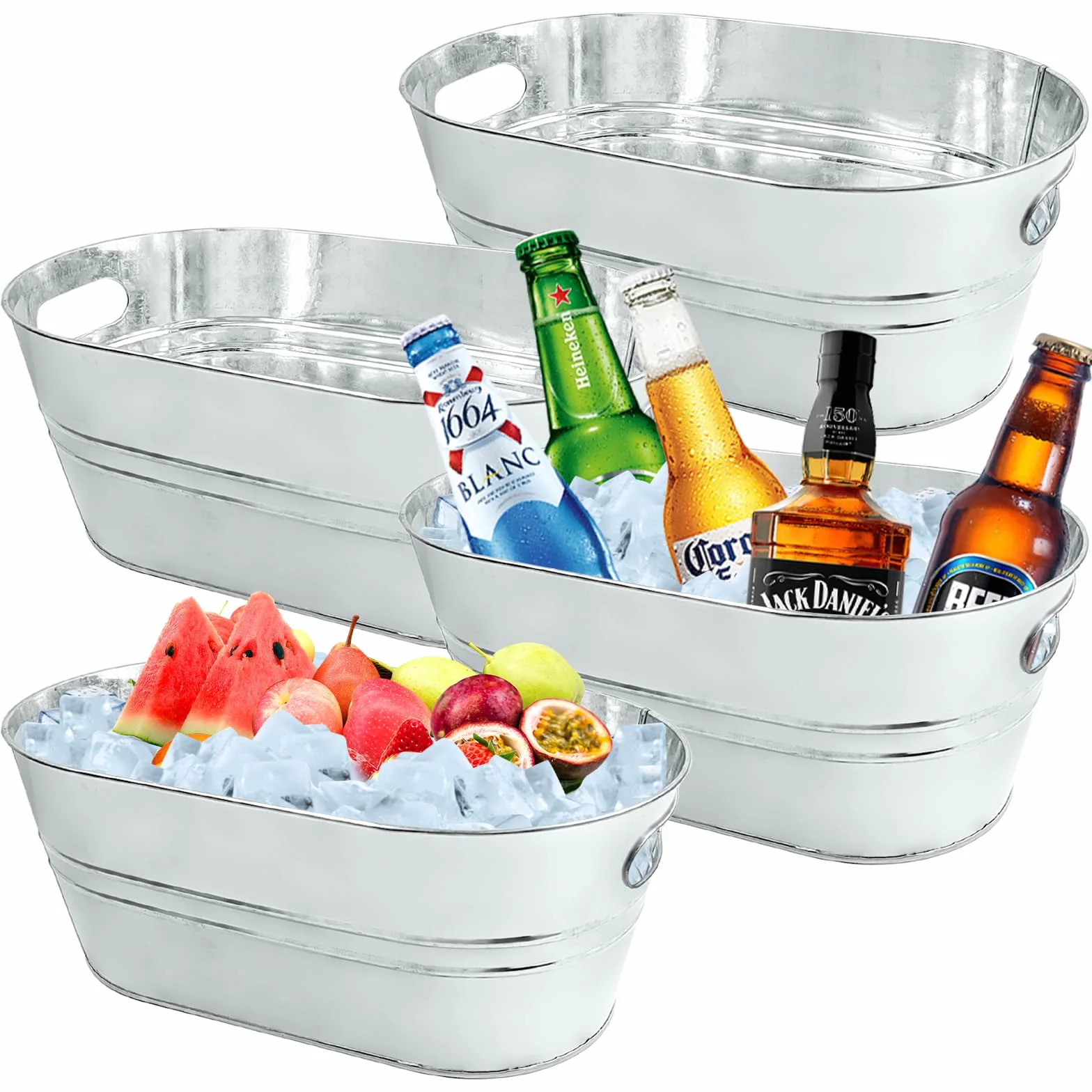 4 cubos galvanizados de 4 galones para fiestas, cerveza y bebidas con cucharas, champán, cócteles, refrigeración de vino, suministros de bar de mimosa