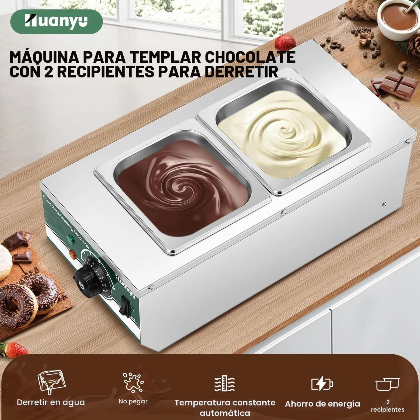 Huanyu Temperadora de chocolate con 2 ollas 30℃-110℃ Máquina derretidora de chocolate Fundidor de chocolate comercial de 800W Calentador de agua para fundir chocolate