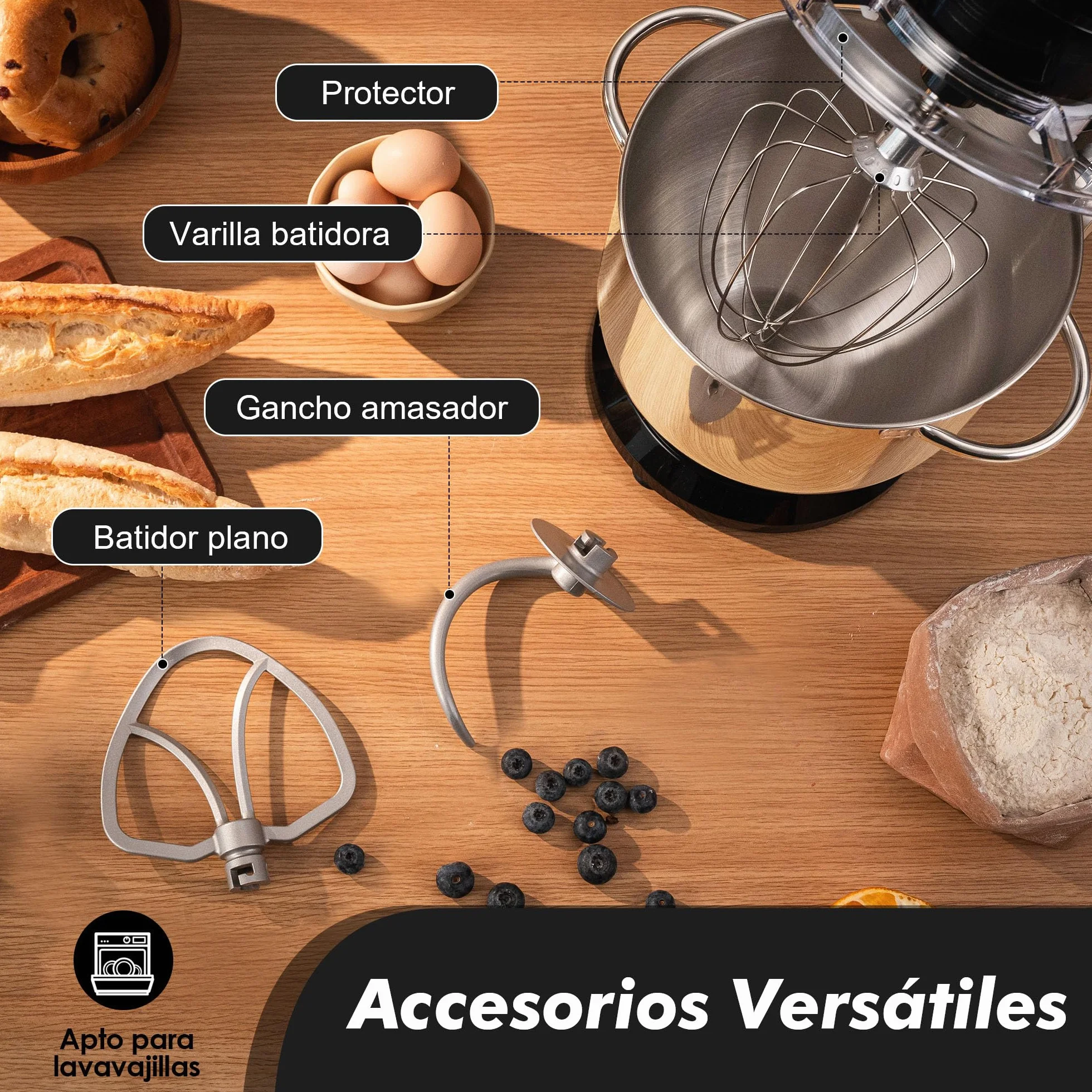 Fab Batidora Amasadora Profesional 8L 2000W, Amasadora de Pan y Repostería, Robot de Cocina Alta Capacidad con 10 Velocidades, Incluye 3 Accesorios, para Uso Intensivo en Hogares,Kitchen in the box