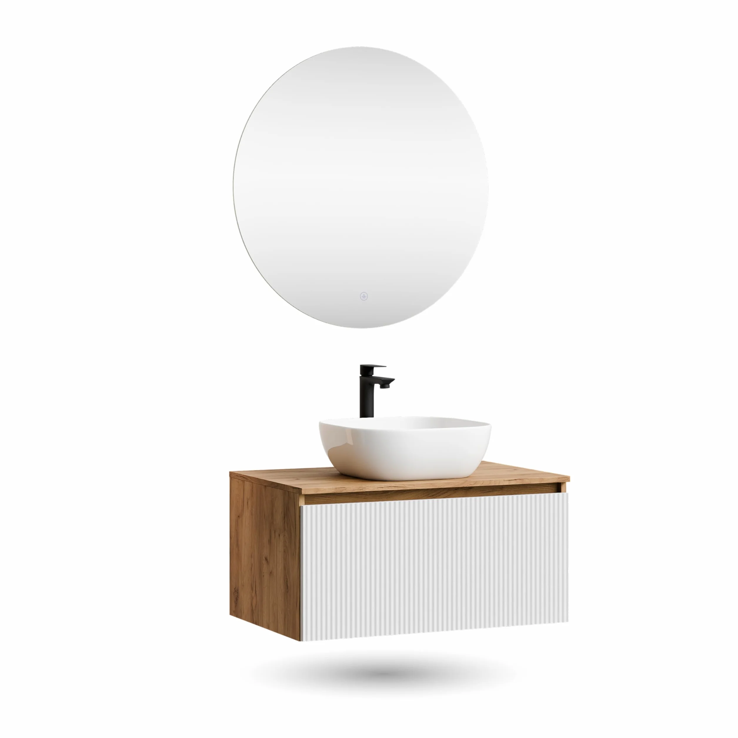 Planetmöbel Arisa Conjunto de muebles de baño 80 cm roble dorado blanco acanalado espejo NOVA lavabo 42 cm Blanco
