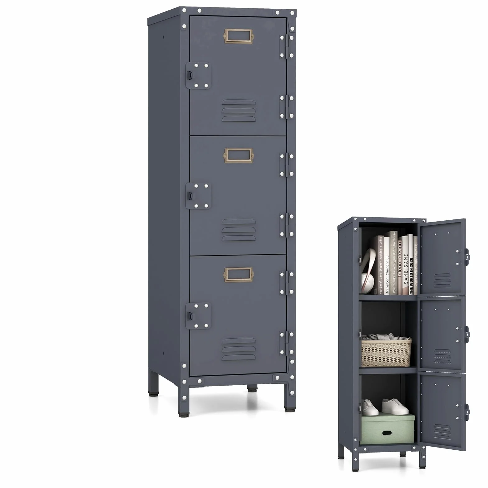 KOMFOTTEU Armario de Metal con 3 Puertas con Cerradura, 30 x 35 x 100 cm | Estantería Archivador con Dispositivo Antivuelco, Gabinete Vertical Industrial , Organizador para Oficina