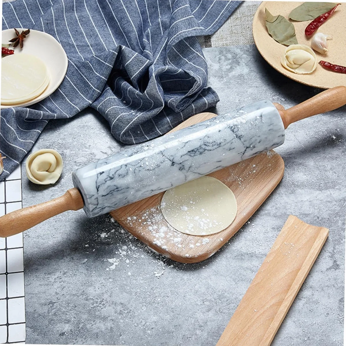 ULTECHNOVO Rodillo de Mármol Mango de Madera, Rodillo de Masa Práctico para Pan y Repostería, Diseño Sencillo para Cocina