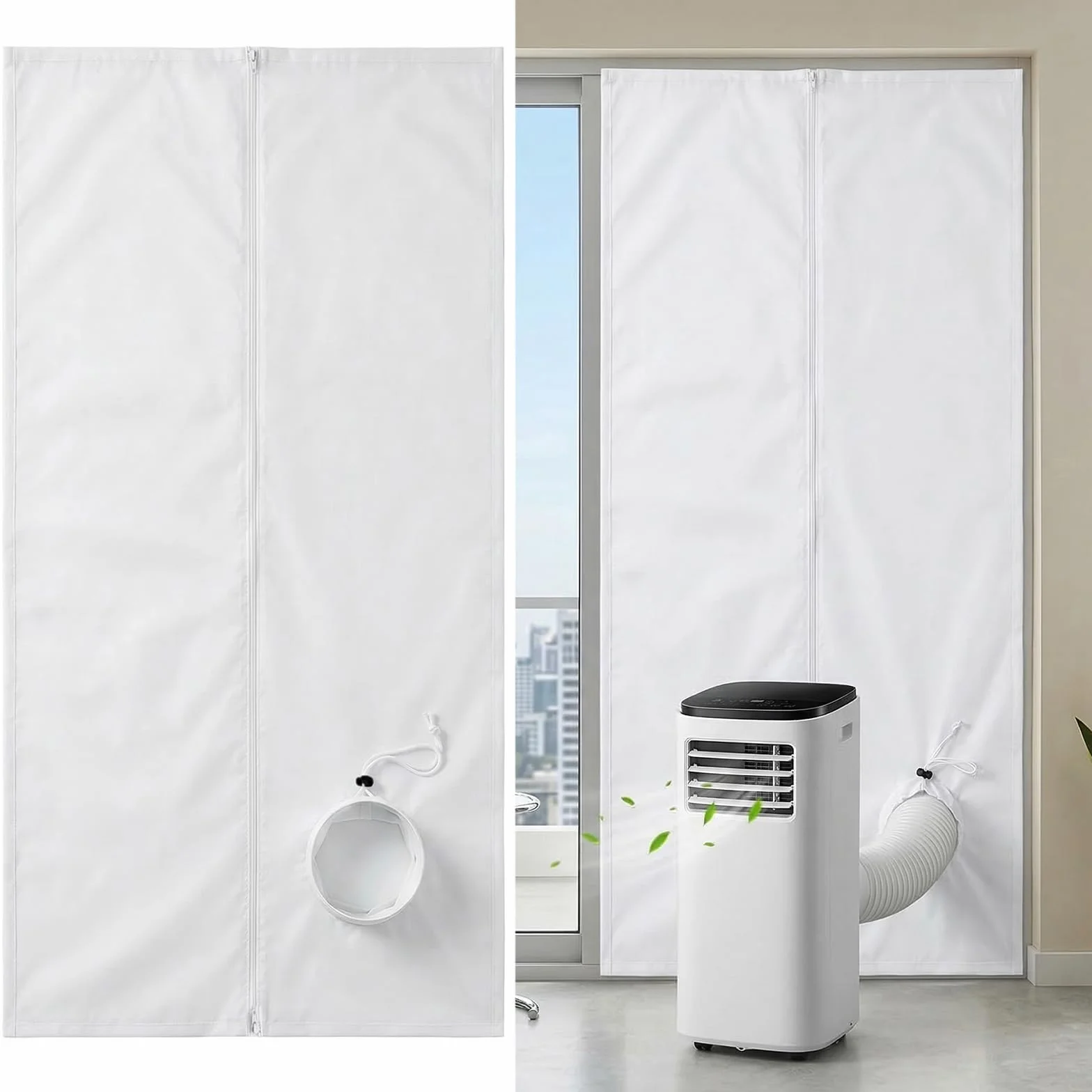 Qoosea Kit de Sellado para Puertas y Ventanas Aire Acondicionado Portátil - 90x210cm con Ojal de Cordoncillo e Incluye 7m de Cinta Adhesiva, para Puertas Correderas y Ventanas