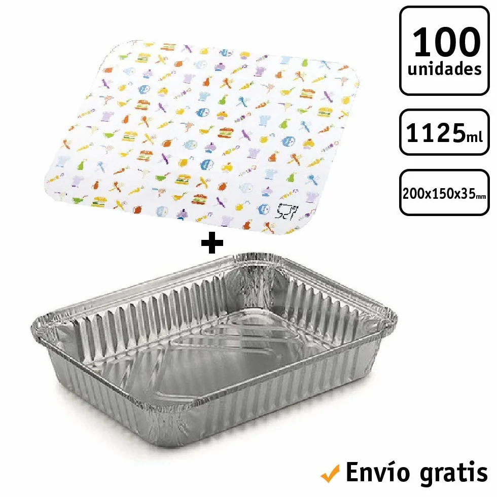 100 uds - Envase/Recipiente de Aluminio Rectangular + Tapa de cartón - Capacidad 1125 ml y tamaño 200x150x35 mm - Bandejas Desechables y reciclables, Apto para Altas temperaturas