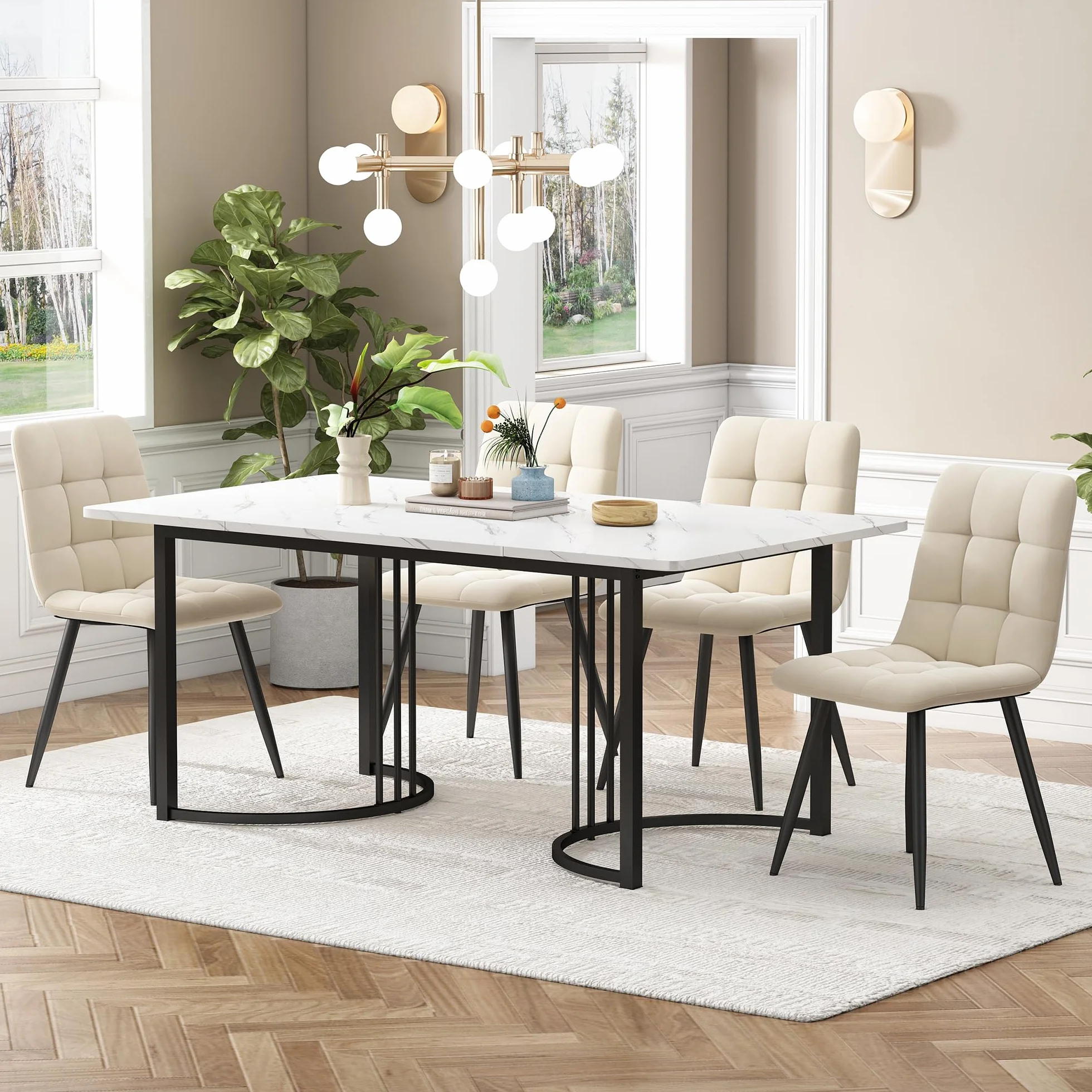 Conjunto Mesa y Sillas Comedor 5 Piezas, Juego de Comedor Mesa y 4 Sillas, Mesas Rectangular 140x80x75 cm con Patas Metálicas, Terciopelo Silla de Cocina, Beige y Blanco