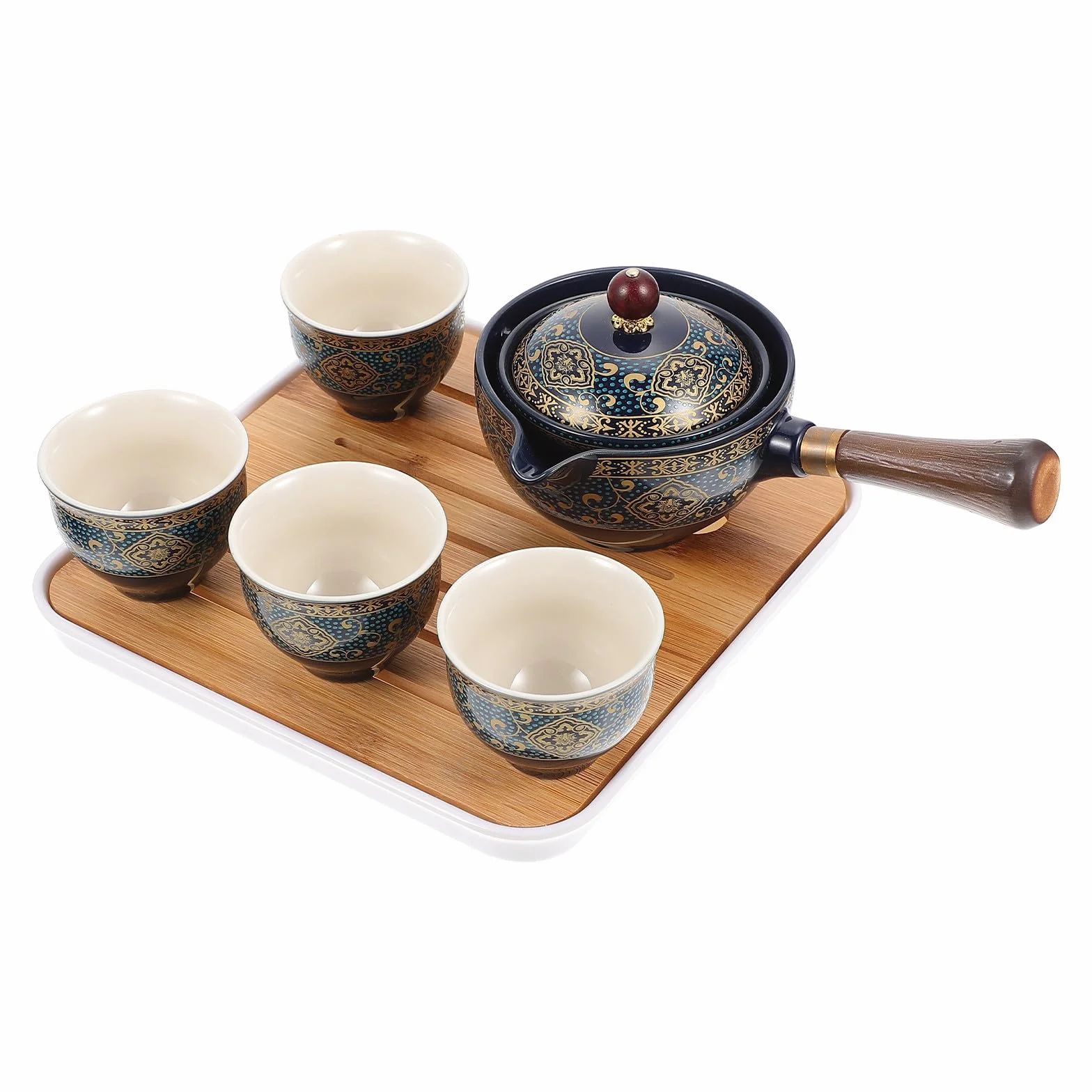 Juego de Té de Viaje Gongfu Portátil Tetera de Cerámica y Filtro Interno, 4 Tazas y Soporte de Madera para Aficionados al Té en Casa Aire Libre