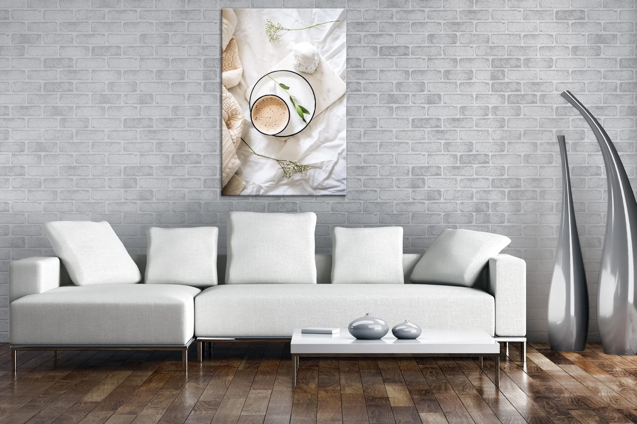 Rahmenlos - Lienzo con diseño de café en la mañana (100 x 70 cm, con marco de madera, impresión digital de , sin póster ni cartel)