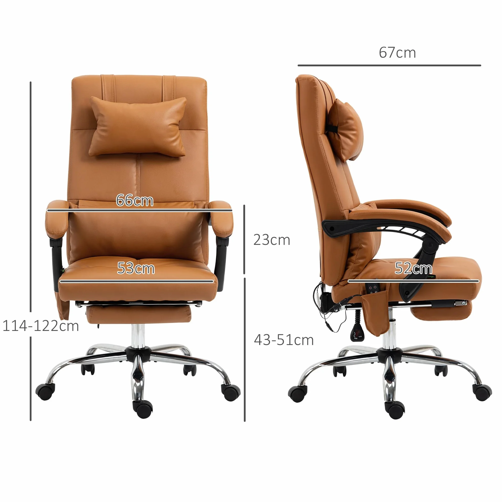 Vinsetto Silla de Oficina Ergonómica con Masaje y Calefacción, Silla de Escritorio Reclinable de Altura Ajustable con Respaldo Alto y Reposapiés, Cuero de PU para Ordenadores, Marrón Claro