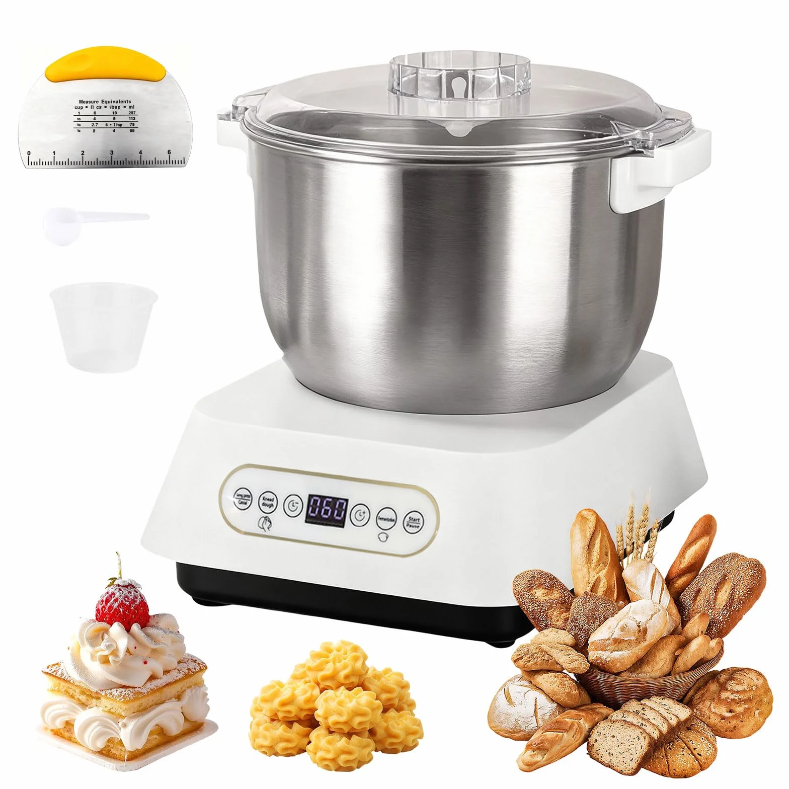 Amasadora de pasta de acero inoxidable, 7 l, gran volumen, con función de fermentación termostática (25 – 38 °C), amasadora automática con cuchilla de corte para cocinar en casa
