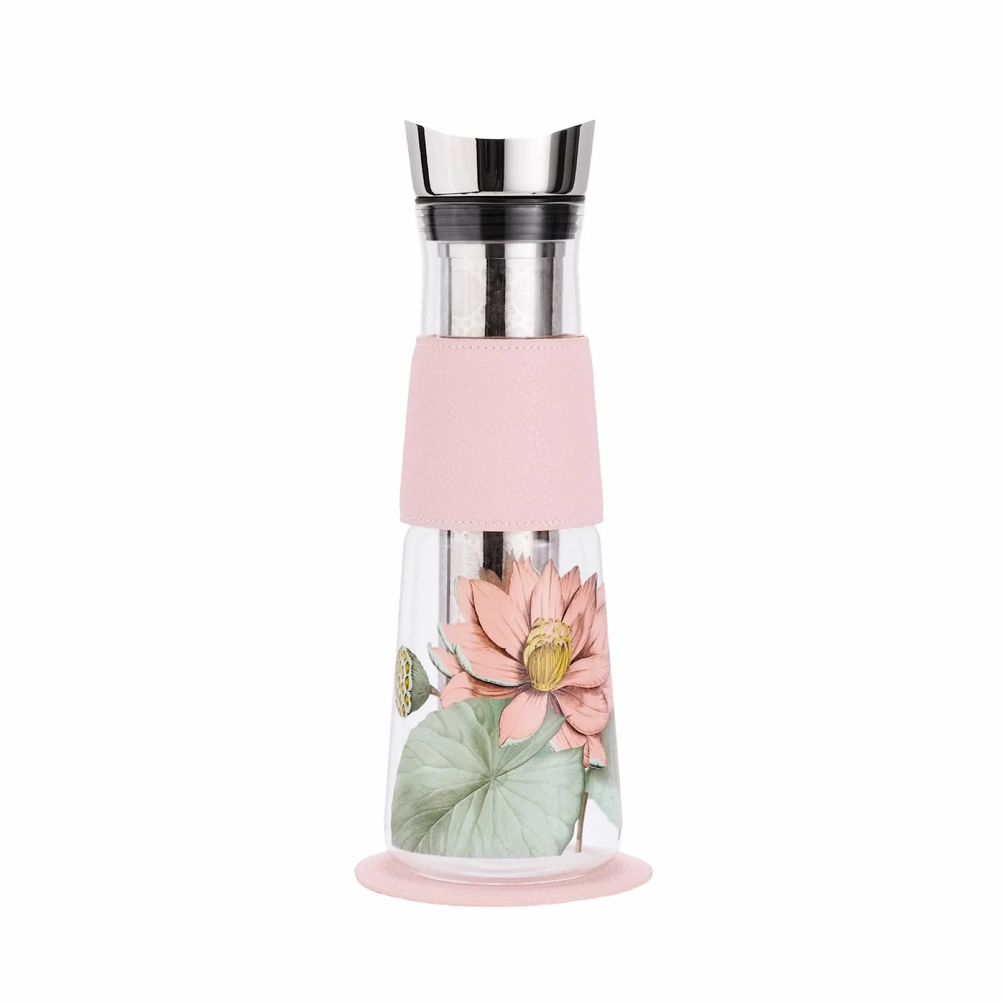 Jarra EVE Padma Rosa – con colador de acero inoxidable extraíble, manguito de piel sintética y platillo – Cristal de borosilicato neutro y resistente a la temperatura – Capacidad de 1,25 L