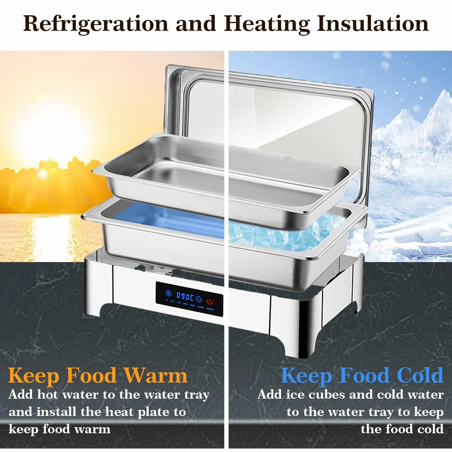 Chafing Dish Electrico, 9L Calentador de Comida Electrico para Buffet Temperatura Regulable, Chafing Dish Buffet con Tapa Transparente Acero Inoxidable(B, 1/3 Pan)