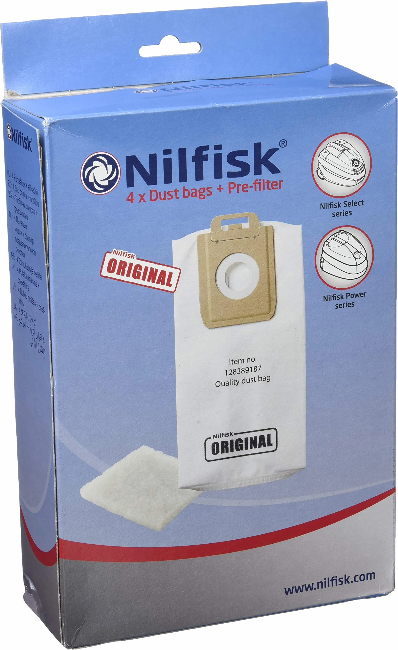 Nilfisk Aspirador de Trineo básico One, pequeño, Filtro EPA o HEPA, 3 L de Capacidad, Azul Claro & 128389187 Bolsas Aspirador, Teflón, Blanco