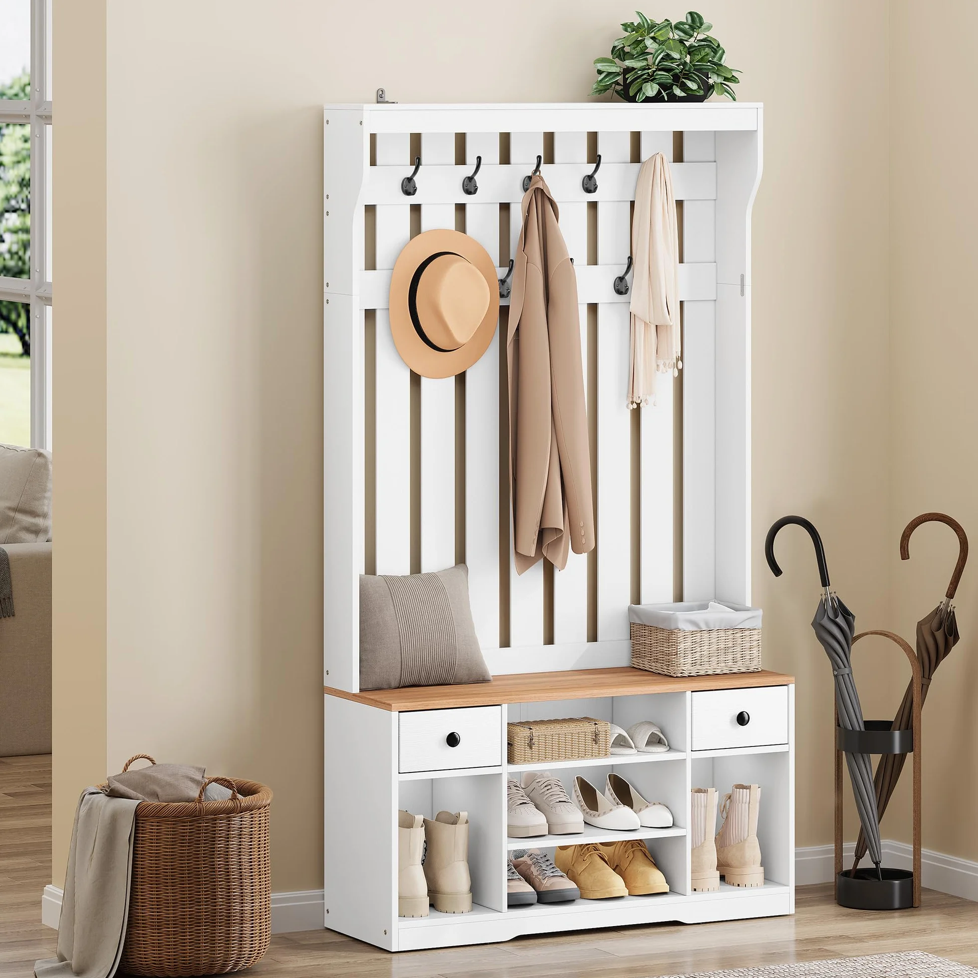 YITAHOME Perchero Entrada Recibidor con Banco, 35 x 100 x 180 cm Zapatero Entrada Recibidor, Perchero Zapatero, con 9 Ganchos y Almacenamiento, 2 Cajón de Tela, Pasillo Dormitorio Salón, Blanco/Roble
